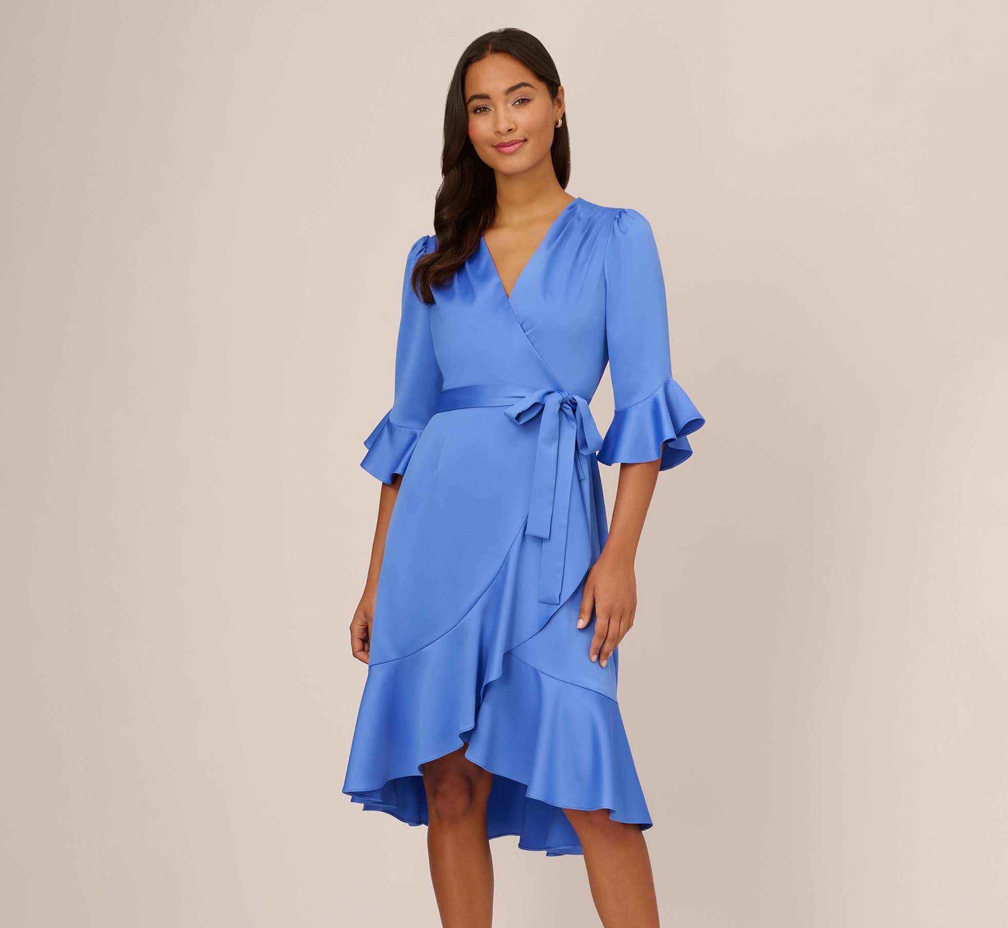 Satin Faux Wrap Dress With Ruffled Three Quarter Sleeves In