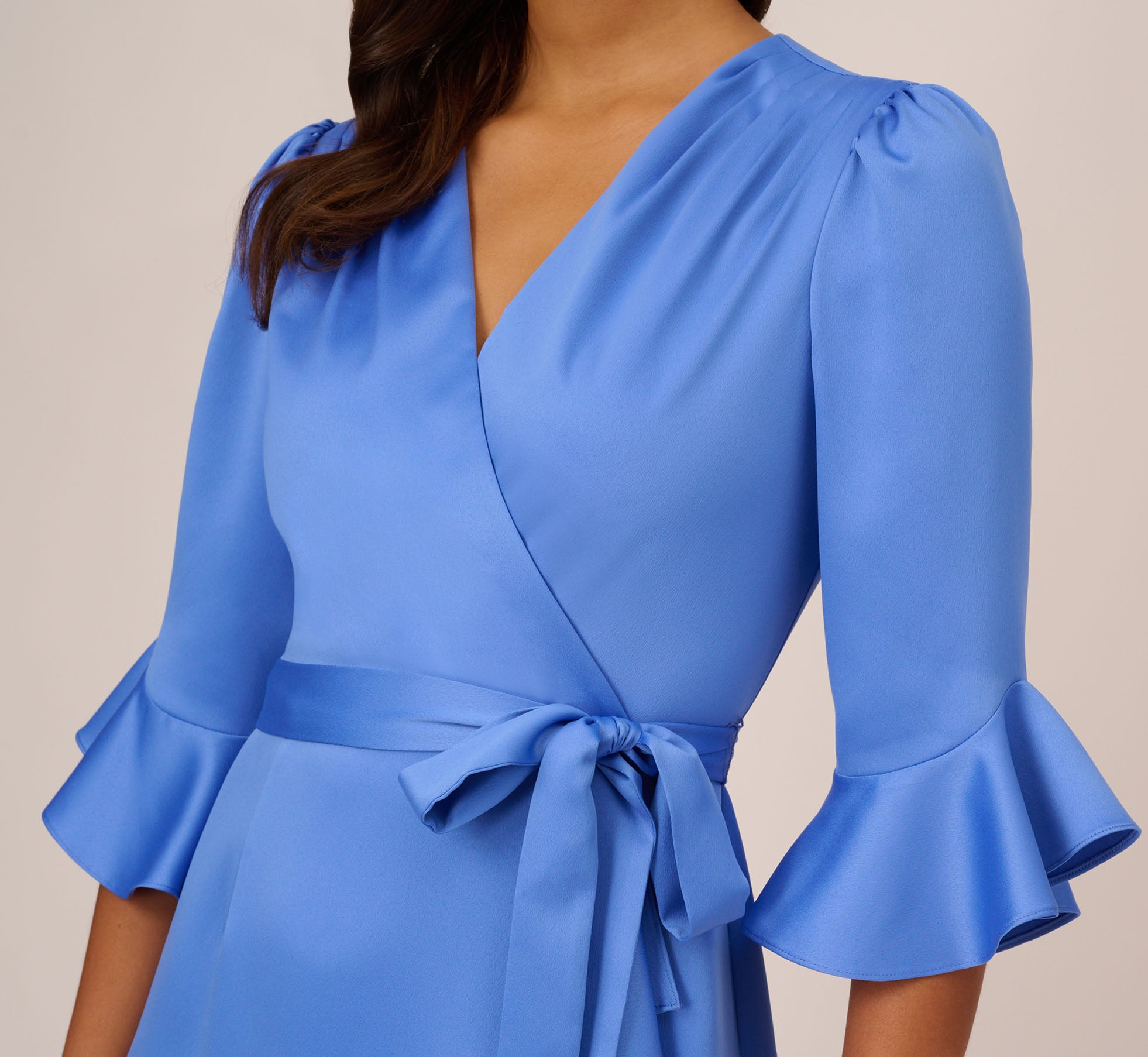 Satin Faux Wrap Dress With Ruffled Three-Quarter Sleeves In