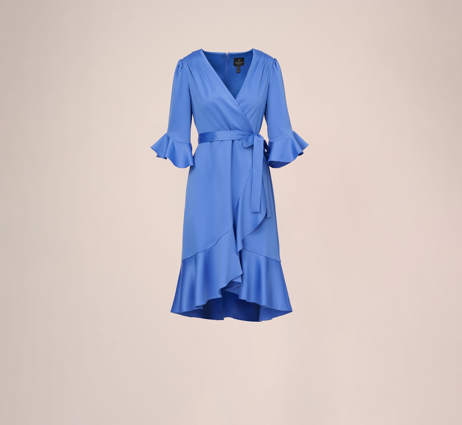 Satin Faux Wrap Dress With Ruffled Three-Quarter Sleeves In