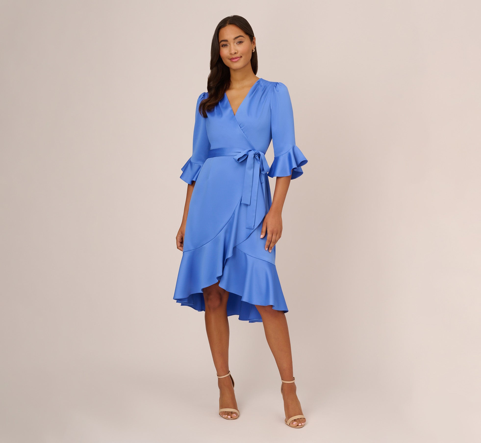 Satin Faux Wrap Dress With Ruffled Three Quarter Sleeves In