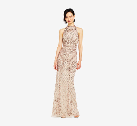 Mock Neck Beaded Column Dress With T-Back In Biscotti