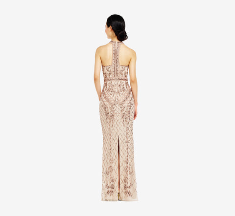 Mock Neck Beaded Column Dress With T-Back In Biscotti