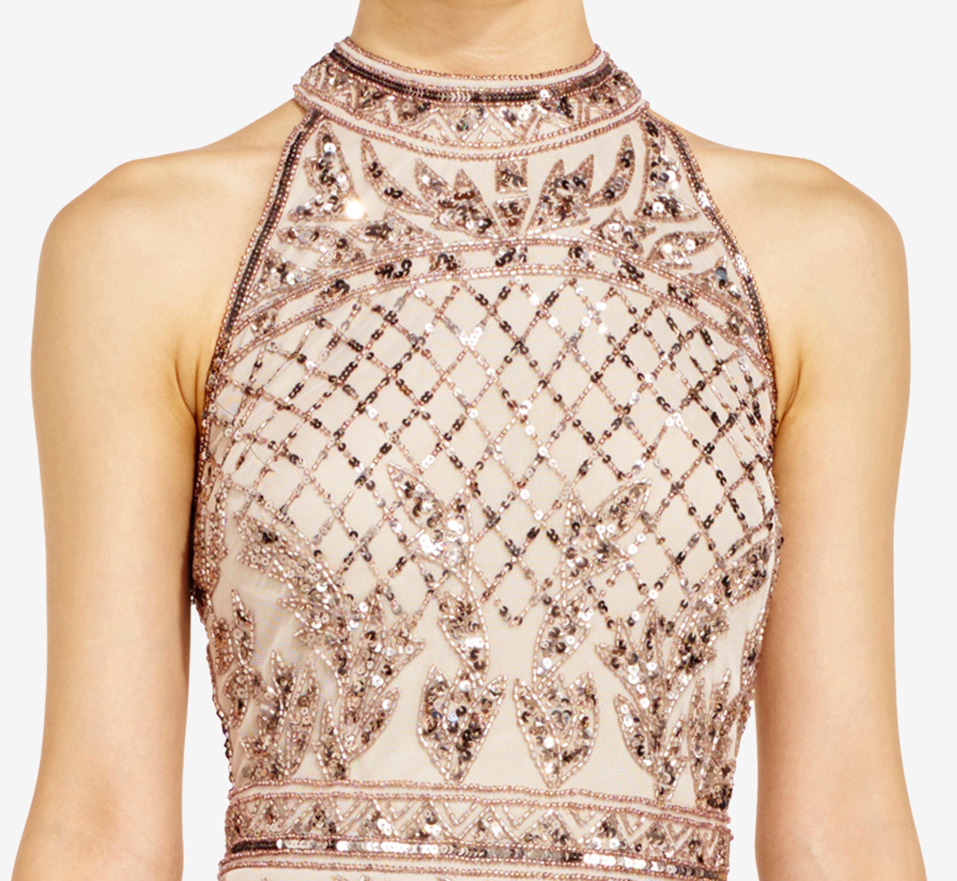 Mock Neck Beaded Column Dress With T-Back In Biscotti | Adrianna