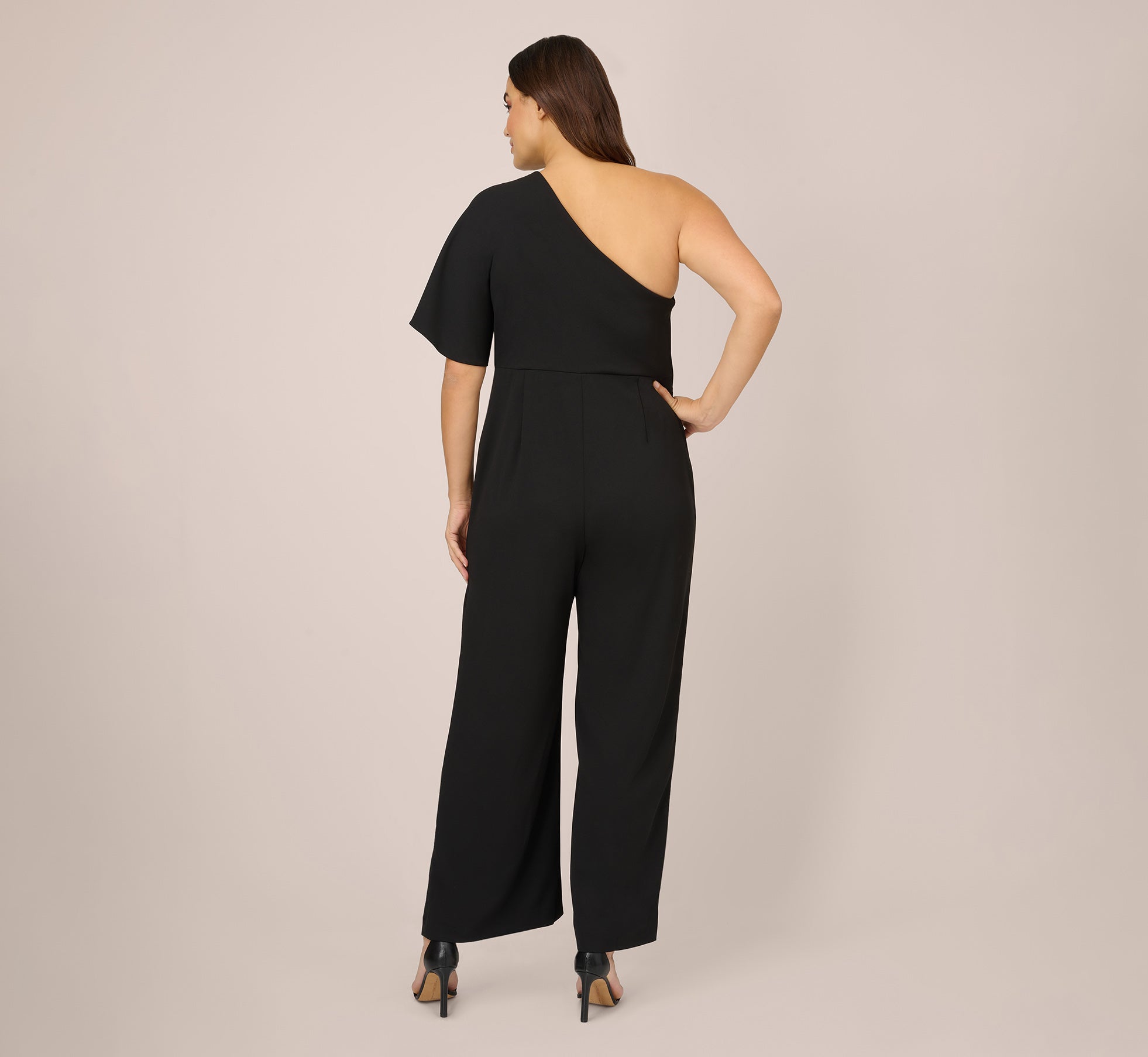 Plus Size Flutter One Shoulder Jumpsuit In Black | Adrianna Papell