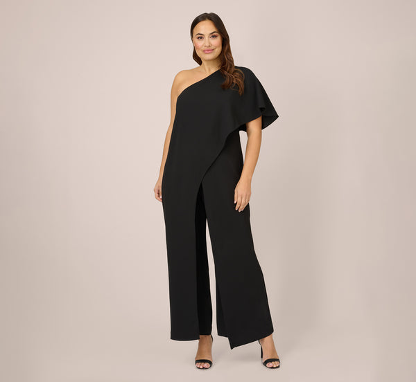 Plus Size Flutter One Shoulder Jumpsuit In Black Adrianna Papell