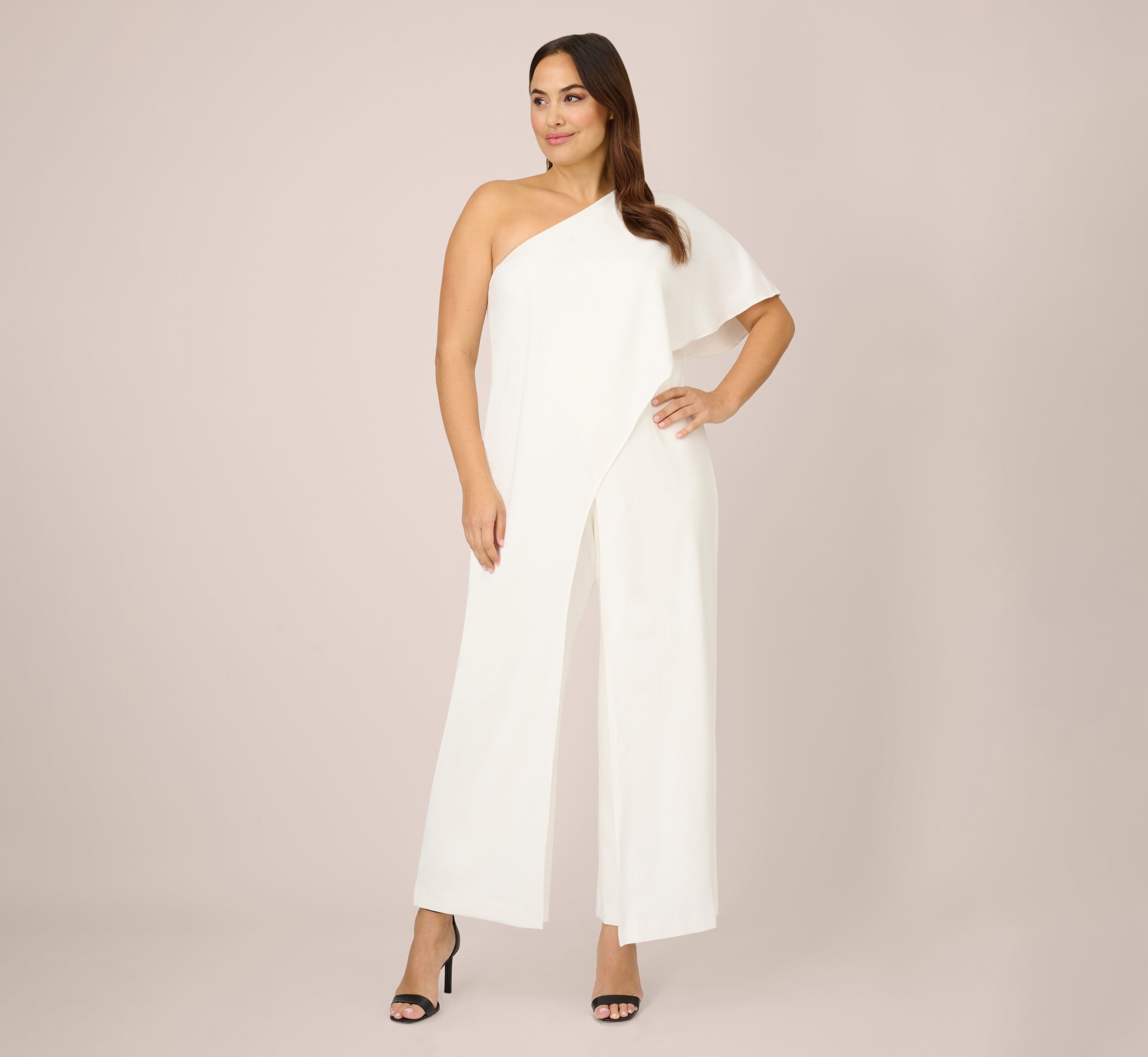 Plus Size Flutter One Shoulder Jumpsuit In Ivory Adrianna Papell