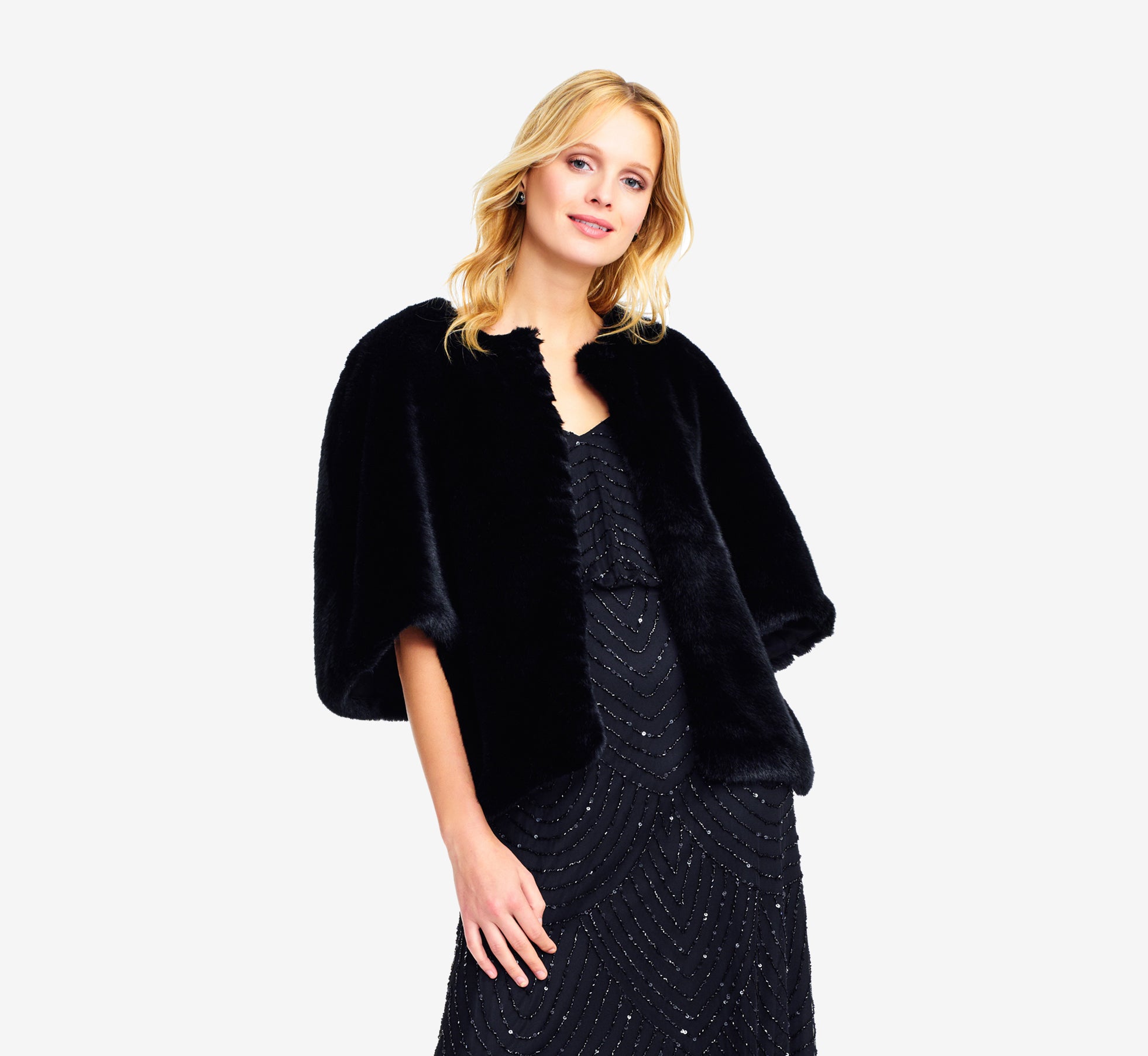 Faux Fur Open Front Cape Jacket In Black 1