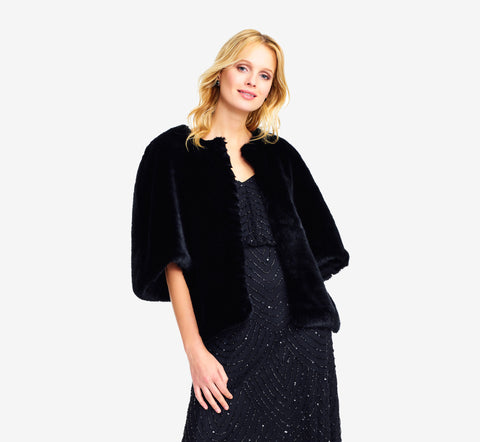 Faux Fur Open Front Cape Jacket In Black