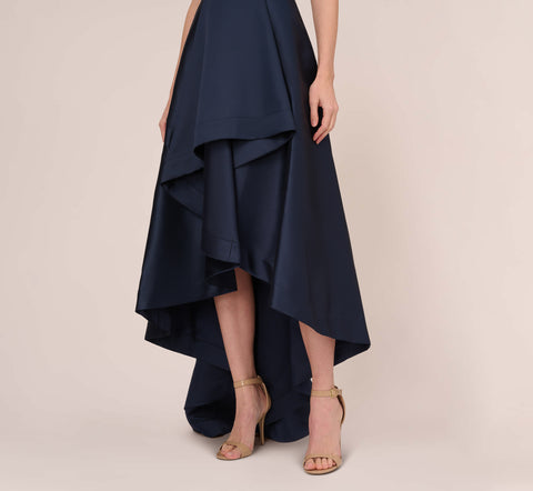 High Low Mikado Gown With Asymmetrical Detail In Midnight