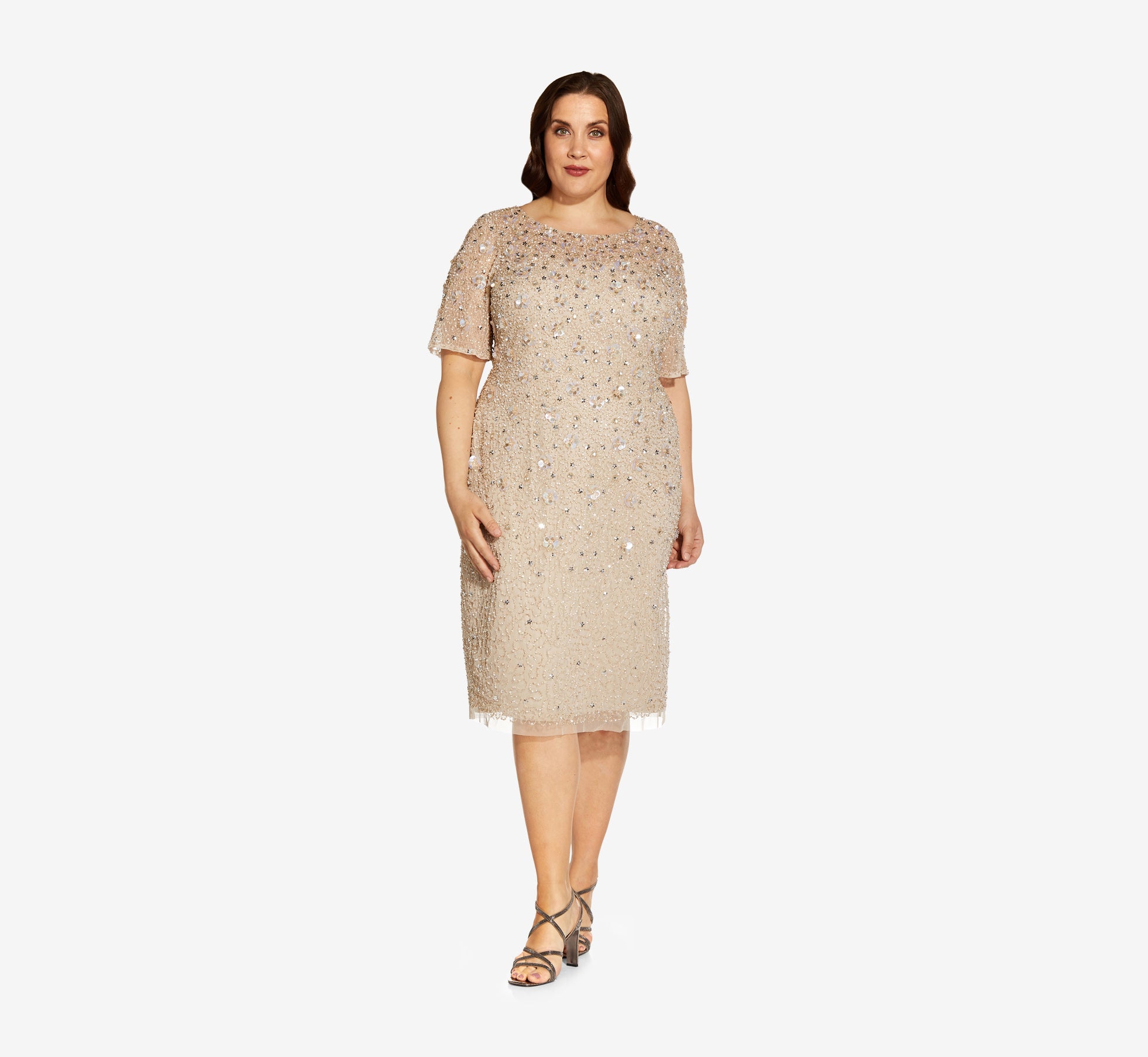 Plus Size Beaded Cocktail Dress In Biscotti Adrianna Papell