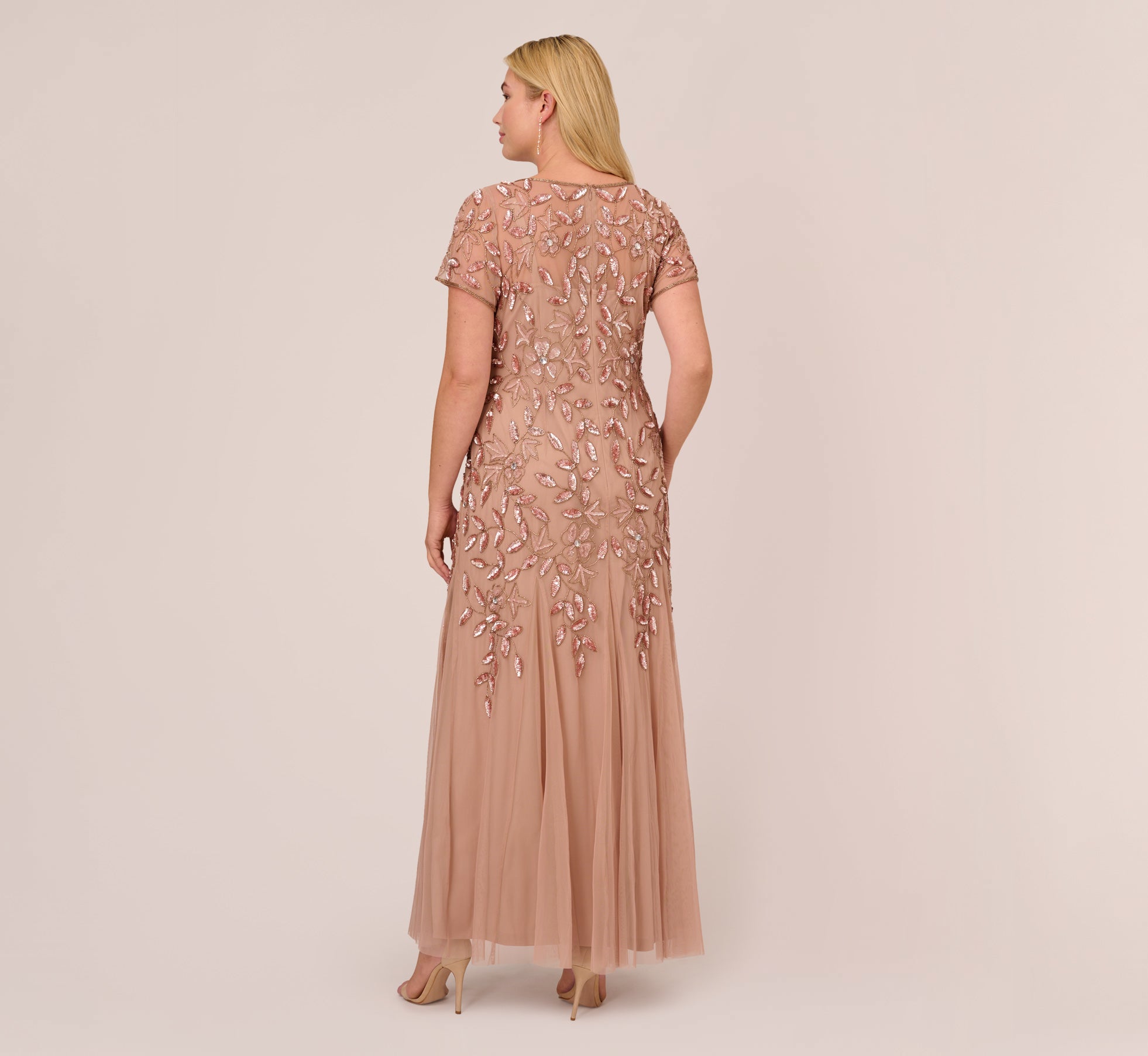 Plus Size Hand Beaded Short Sleeve Floral Godet Gown In Rose