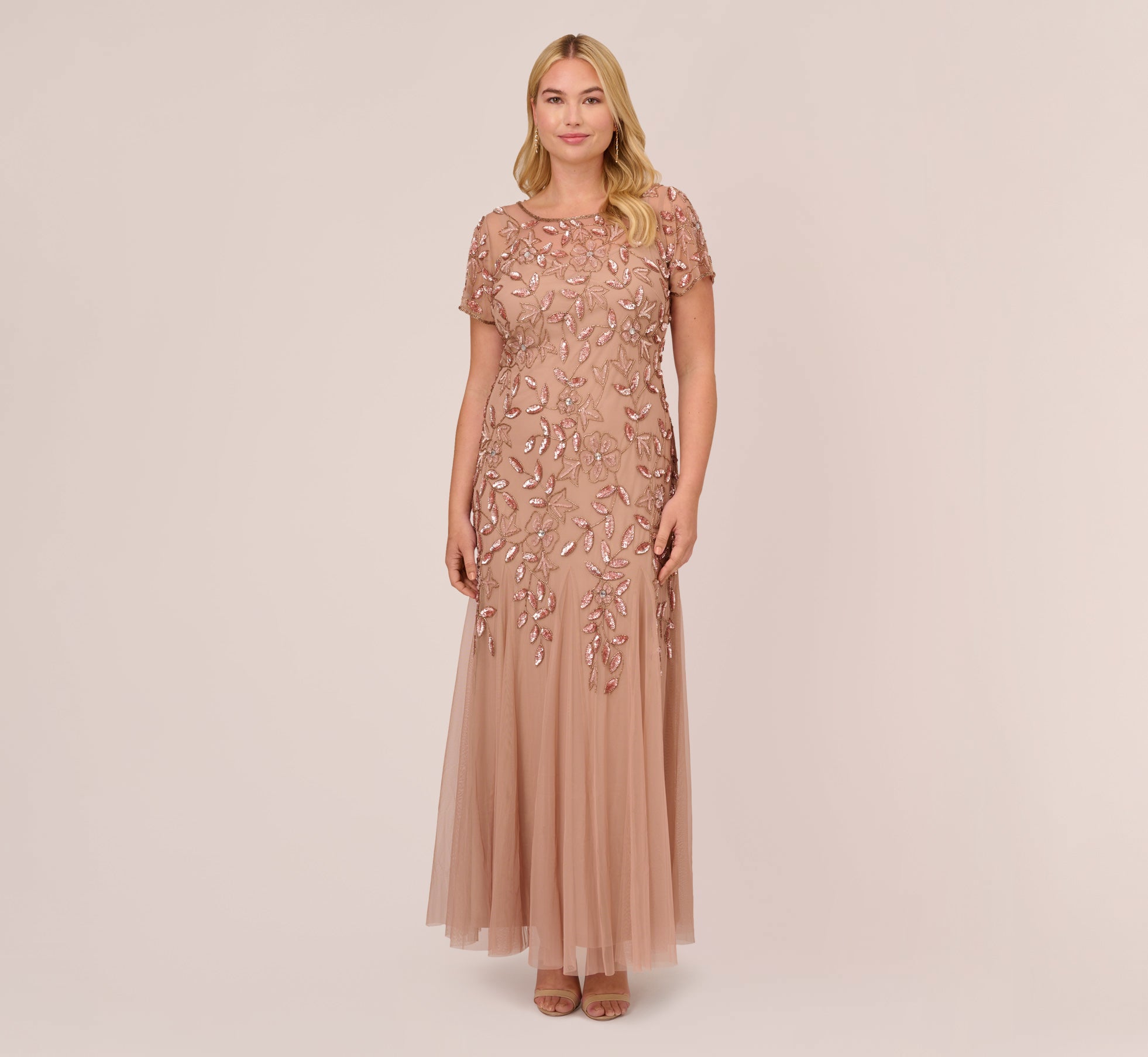 Plus Size Hand Beaded Short Sleeve Floral Godet Gown In Rose