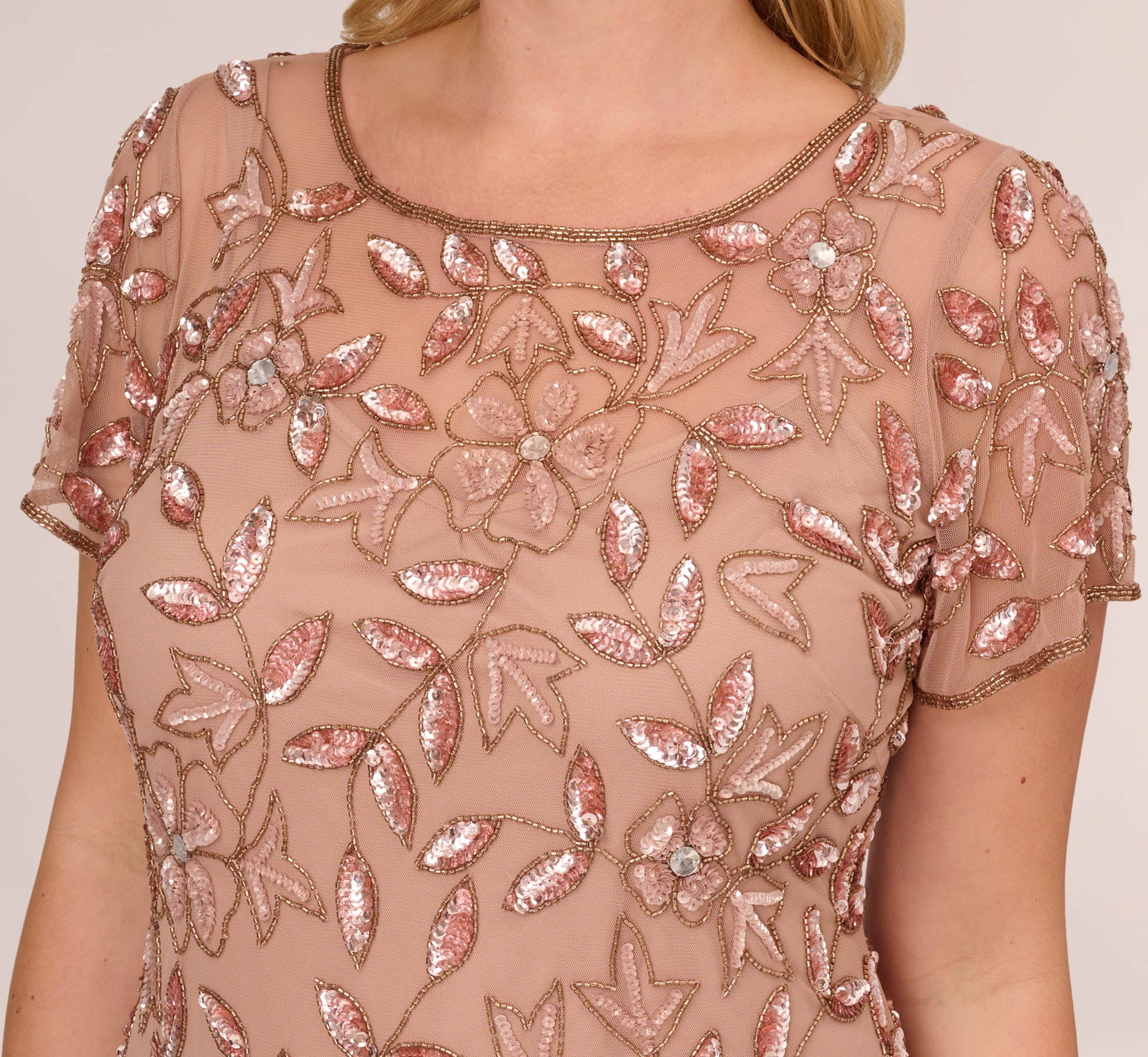 Plus Size Hand Beaded Short Sleeve Floral Godet Gown In Rose Gold