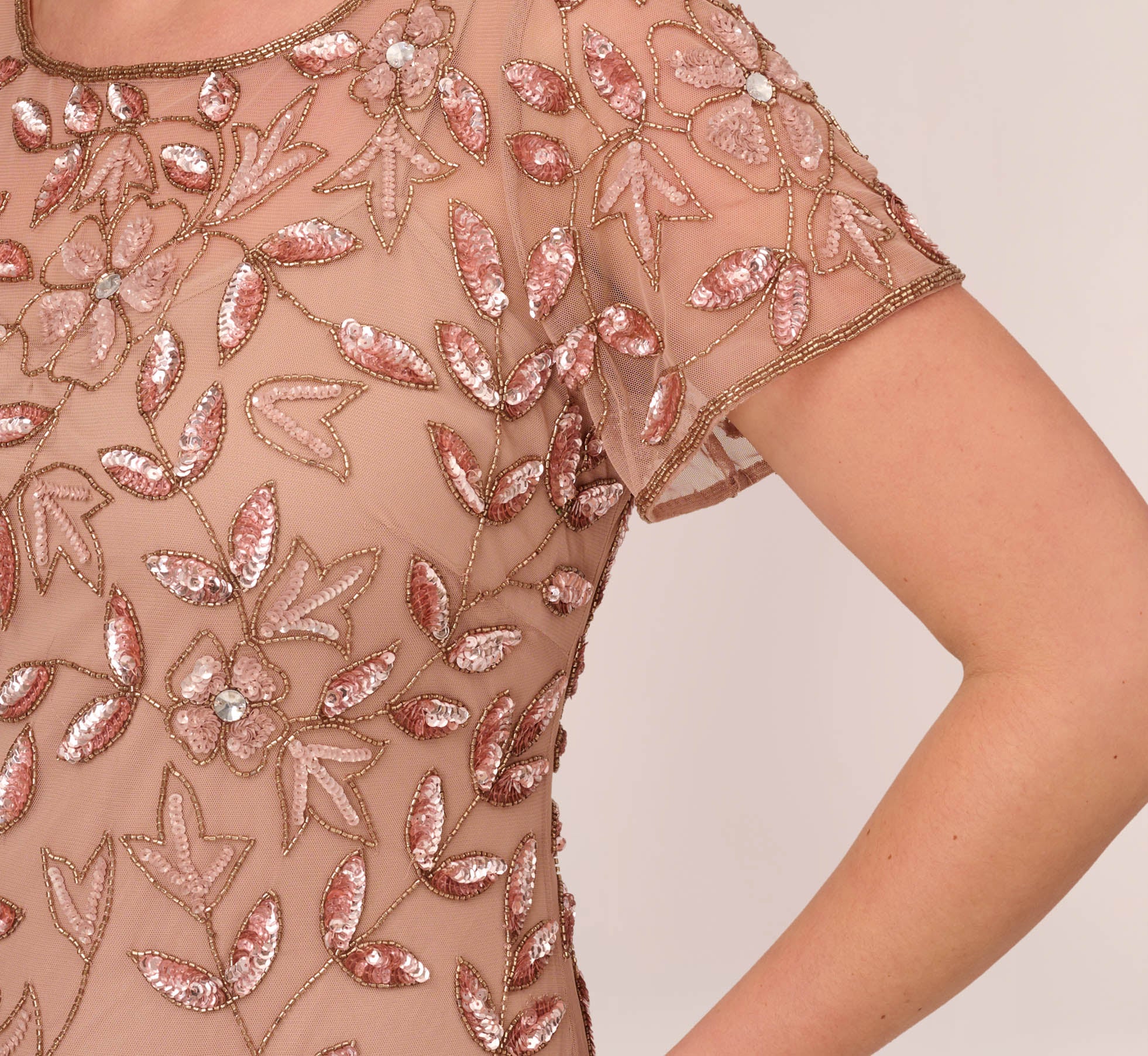 Plus Size Hand Beaded Short Sleeve Floral Godet Gown In Rose Gold