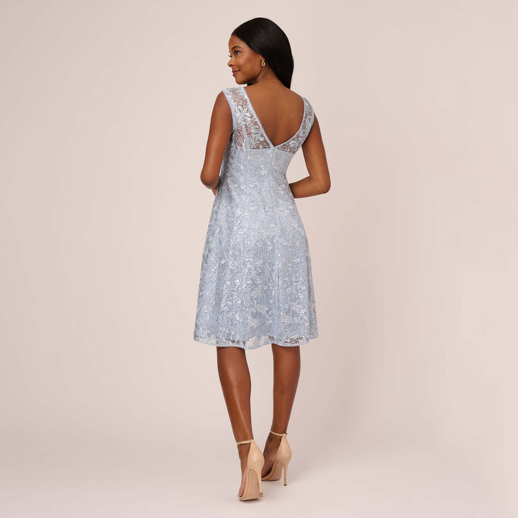 Embroidered Sleeveless Midi Cocktail Dress In Skyway