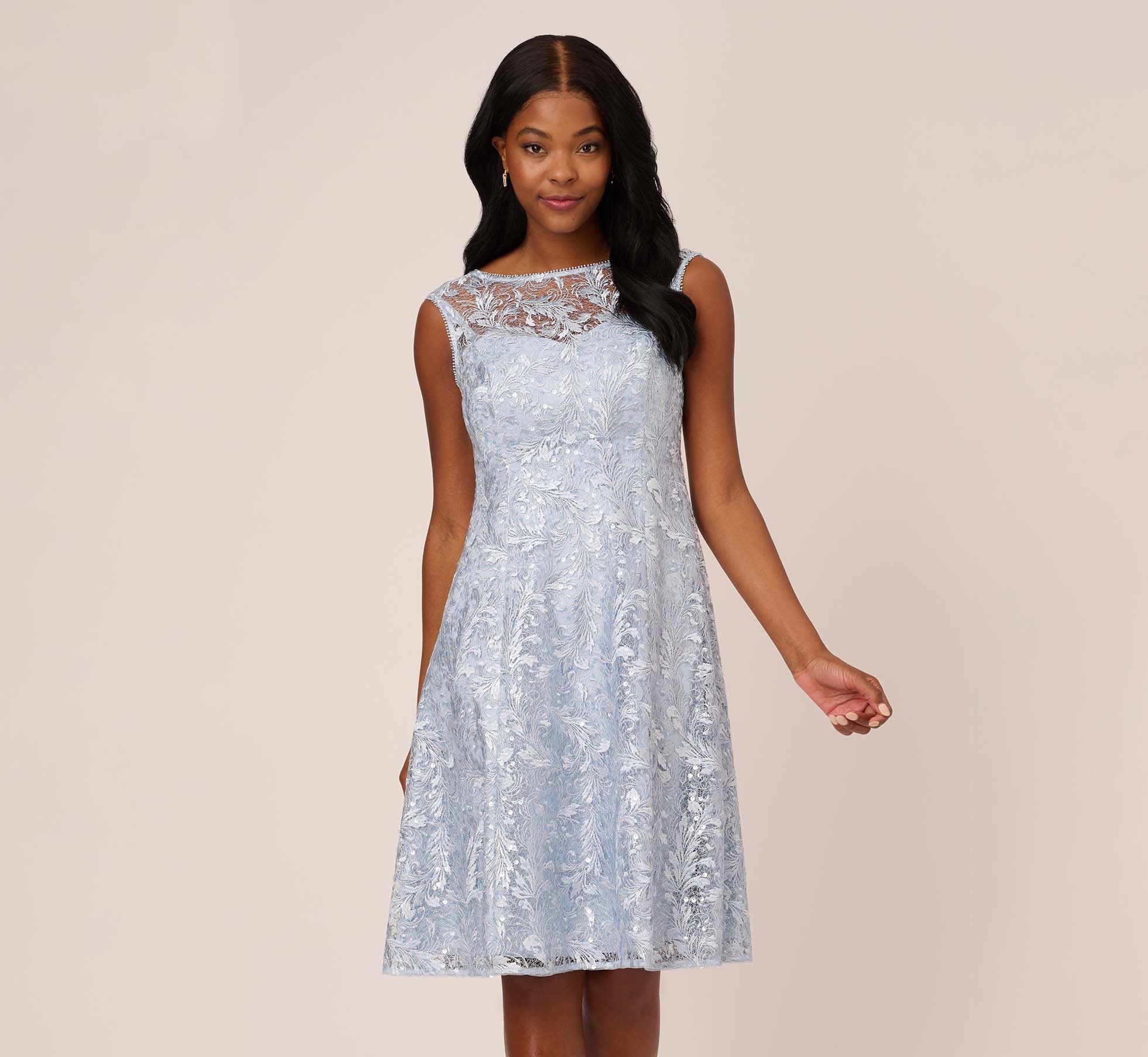 Embroidered Sleeveless Midi Cocktail Dress In Skyway | Adrianna