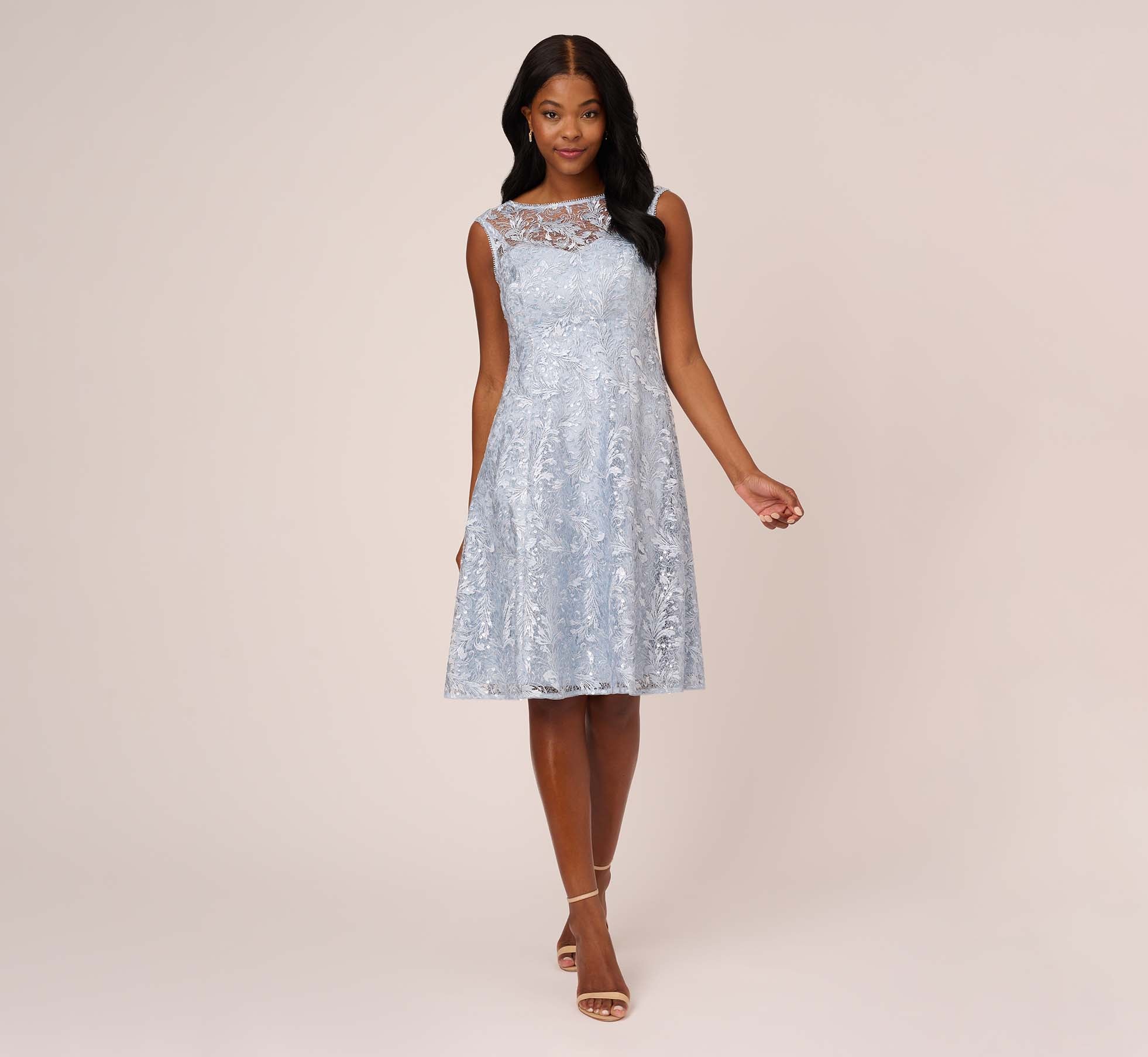 Embroidered Sleeveless Midi Cocktail Dress In Skyway Adrianna