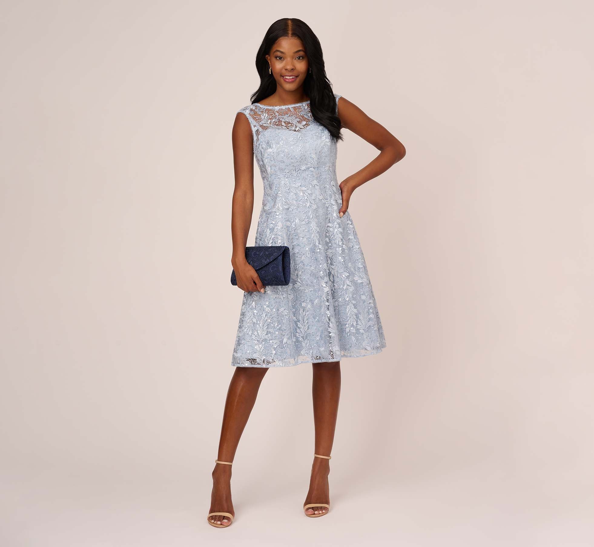 Embroidered Sleeveless Midi Cocktail Dress In Skyway Adrianna Papell