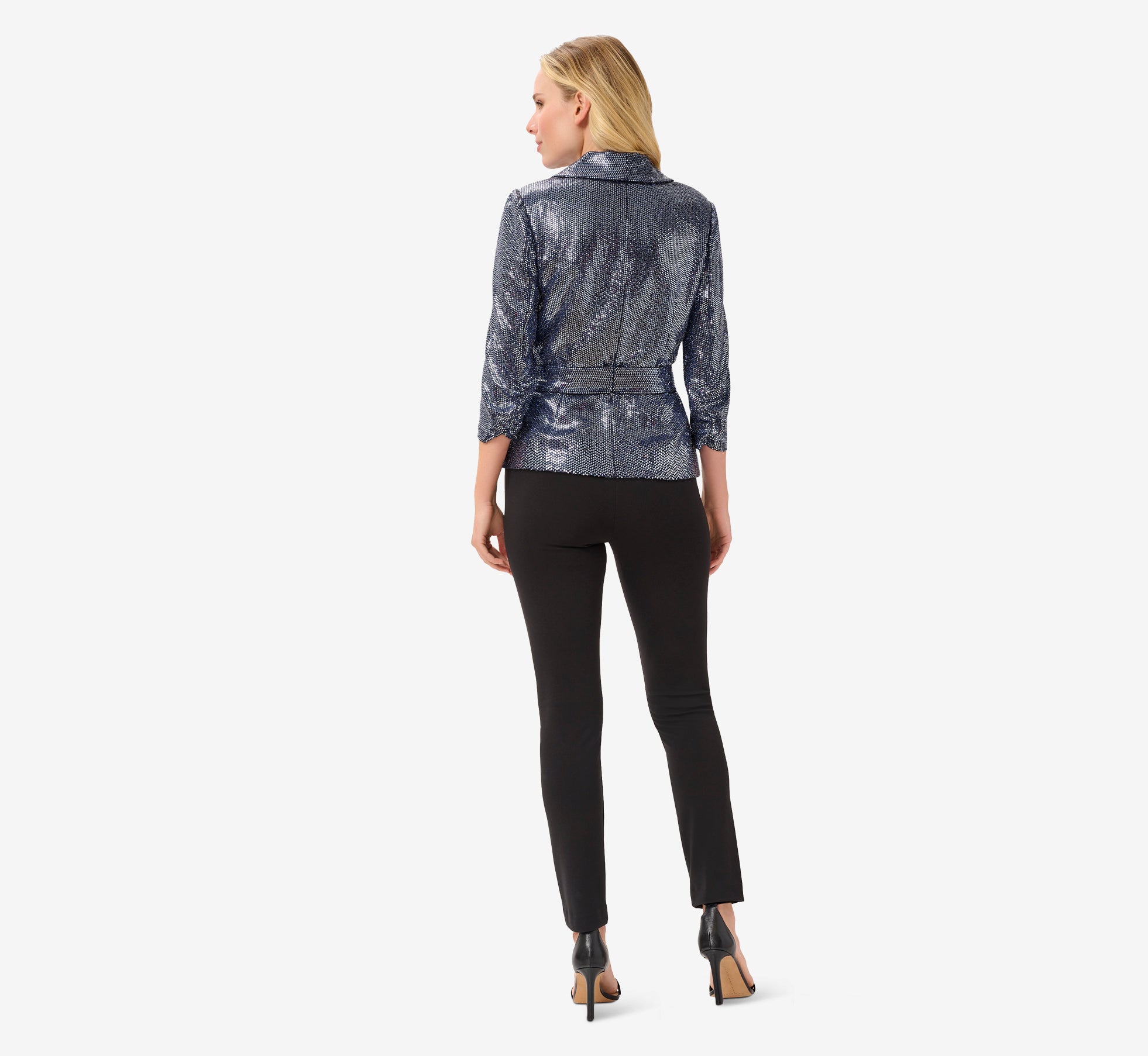 Metallic Foil Jersey Tuxedo Jacket In Navy Gunmetal Adrianna Papell