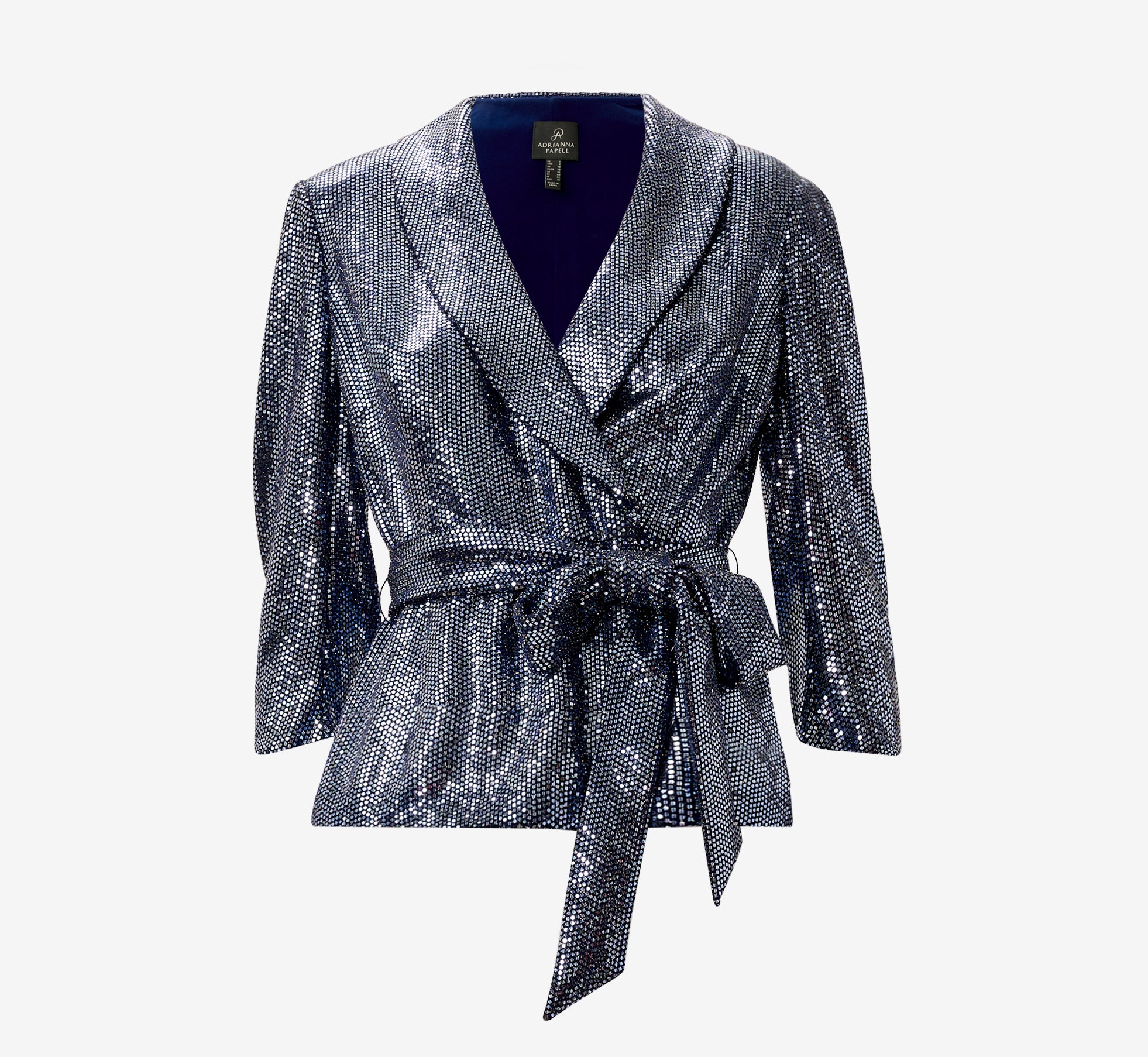 Metallic Foil Jersey Tuxedo Jacket In Navy Gunmetal Adrianna Papell