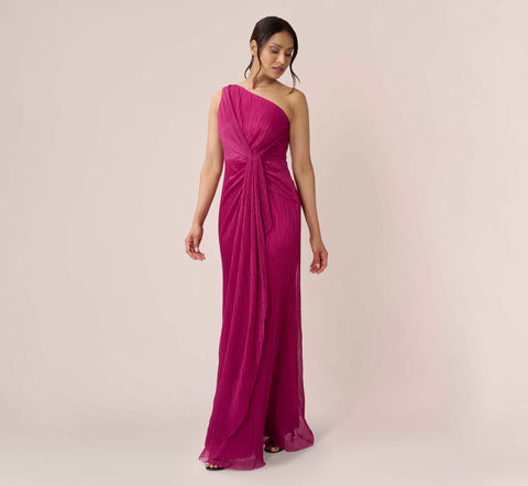 Stardust Pleated Draped One Shoulder Gown In Magenta