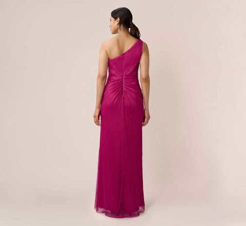 Stardust Pleated Draped One Shoulder Gown In Magenta