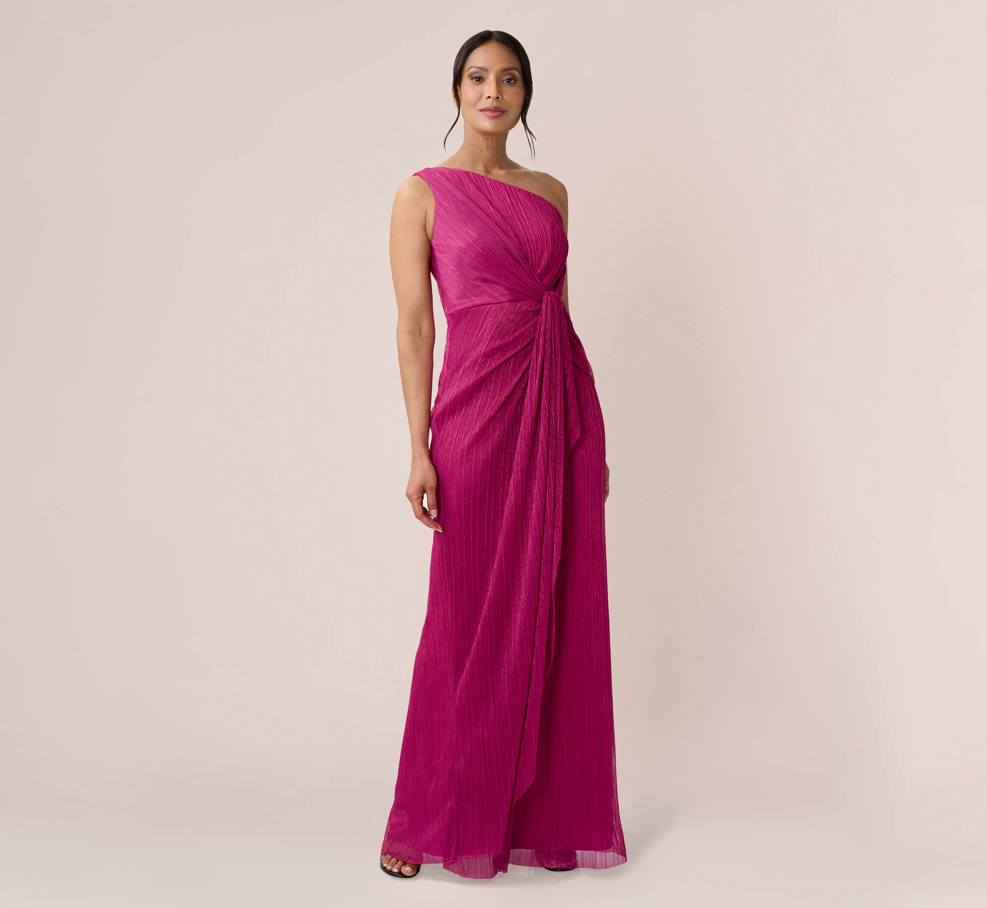 Stardust Pleated Draped One Shoulder Gown In Magenta | Adrianna Papell