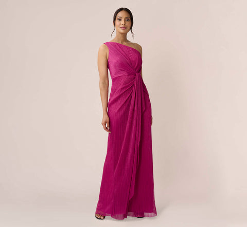 Stardust Pleated Draped One Shoulder Gown In Magenta