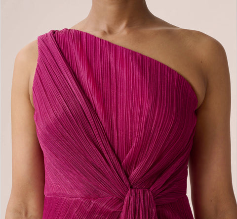 Stardust Pleated Draped One Shoulder Gown In Magenta