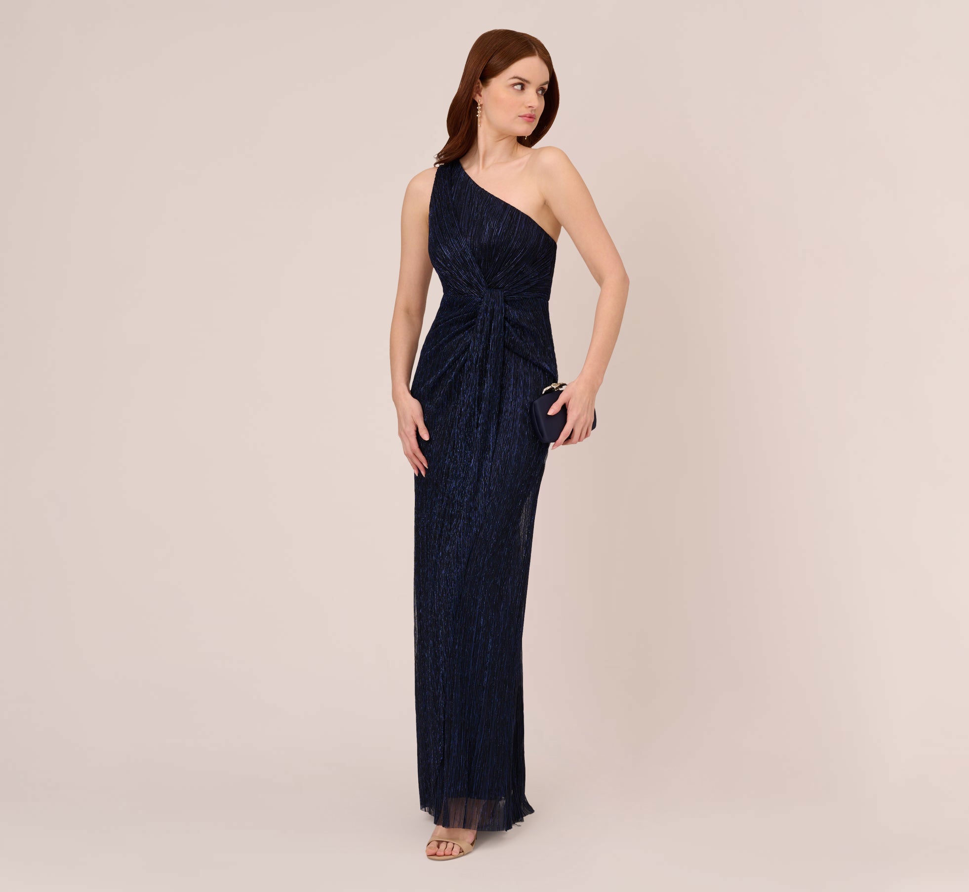 Stardust Pleated Draped One Shoulder Gown In Navy Night | Adrianna