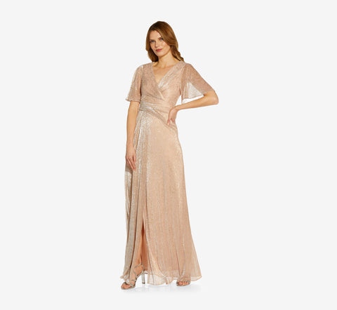 Metallic Mesh Draped Gown In Rose Gold