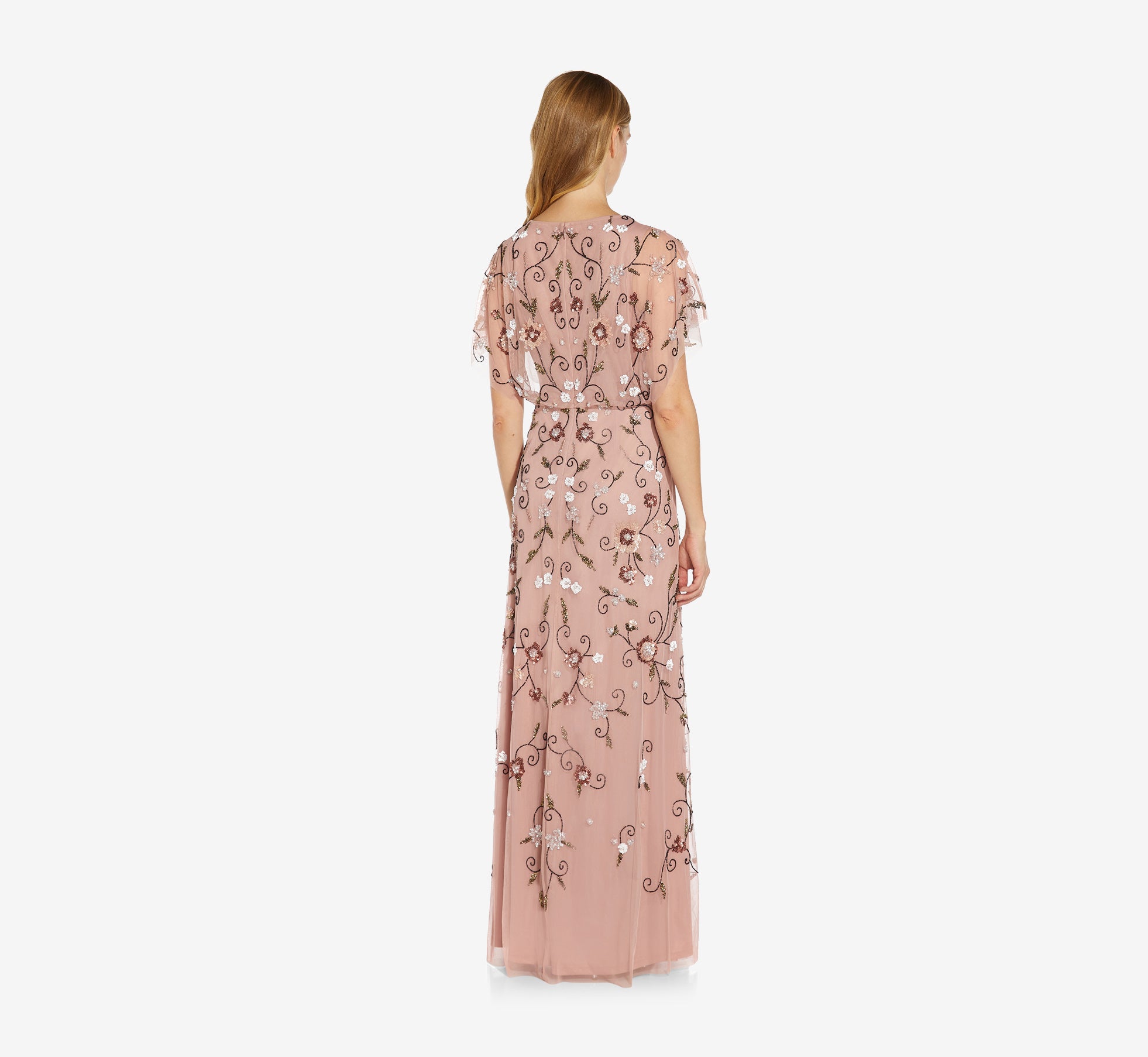 Long Hand Beaded Flutter Sleeve Blouson Gown In Candied Ginger