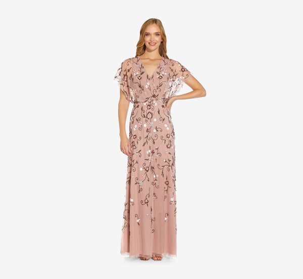 Long Hand Beaded Flutter Sleeve Blouson Gown In Candied Ginger