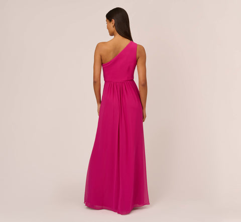 One-Shoulder Chiffon Long Gown In Bright Magenta