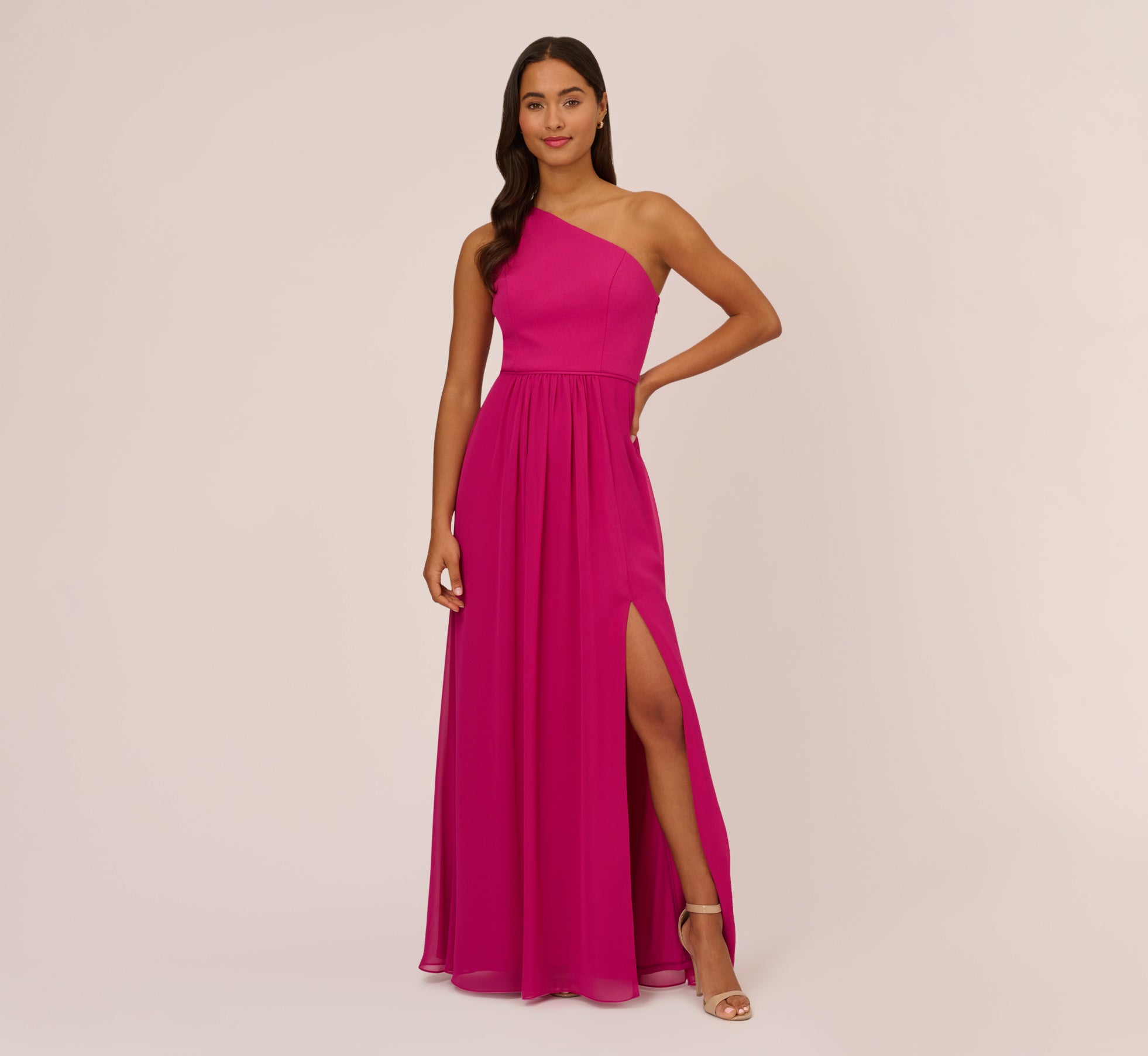 One Shoulder Chiffon Long Gown In Bright Magenta Adrianna Papell