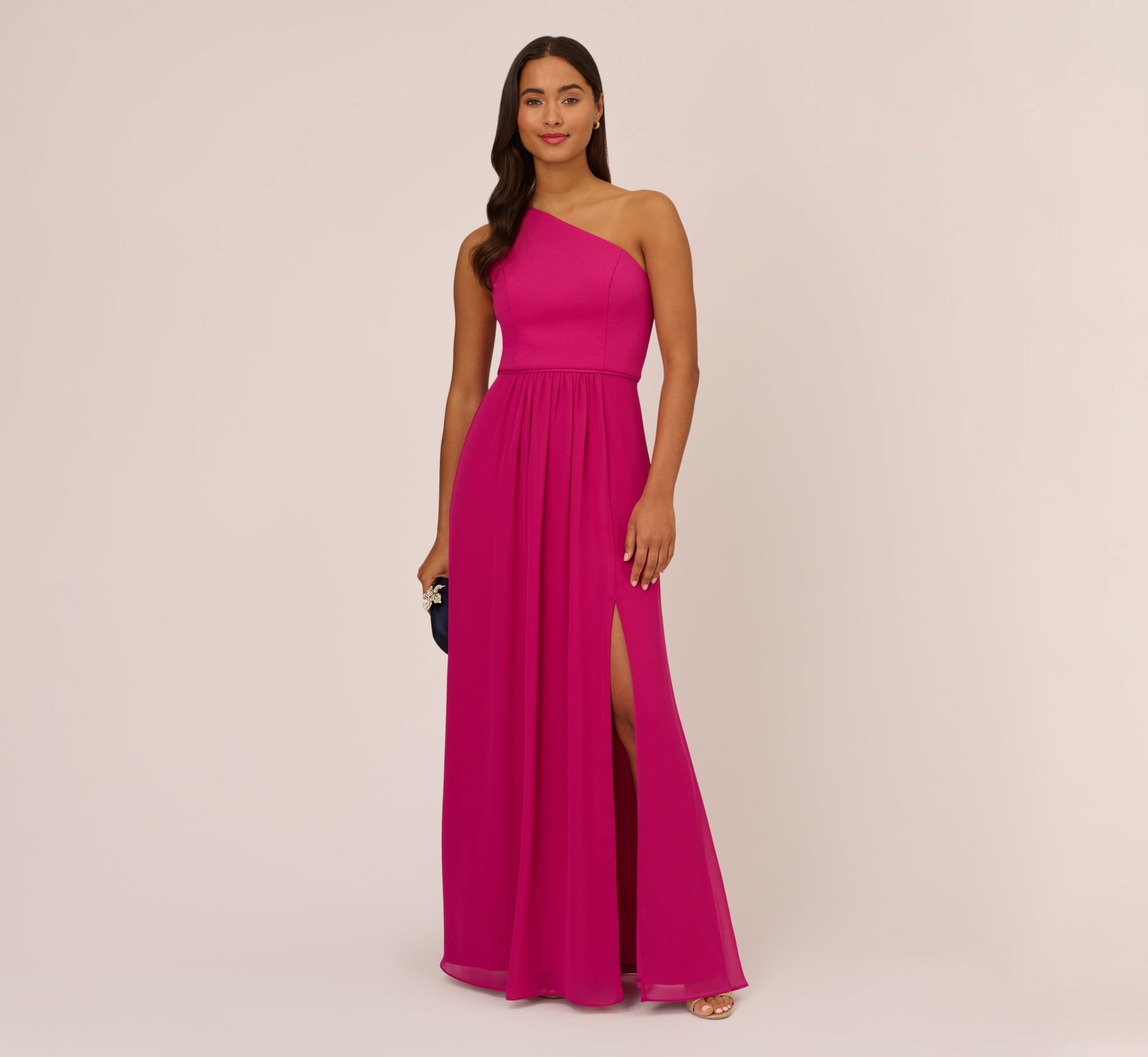 One Shoulder Chiffon Long Gown In Bright Magenta Adrianna Papell