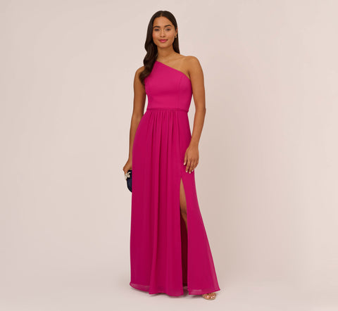 One-Shoulder Chiffon Long Gown In Bright Magenta