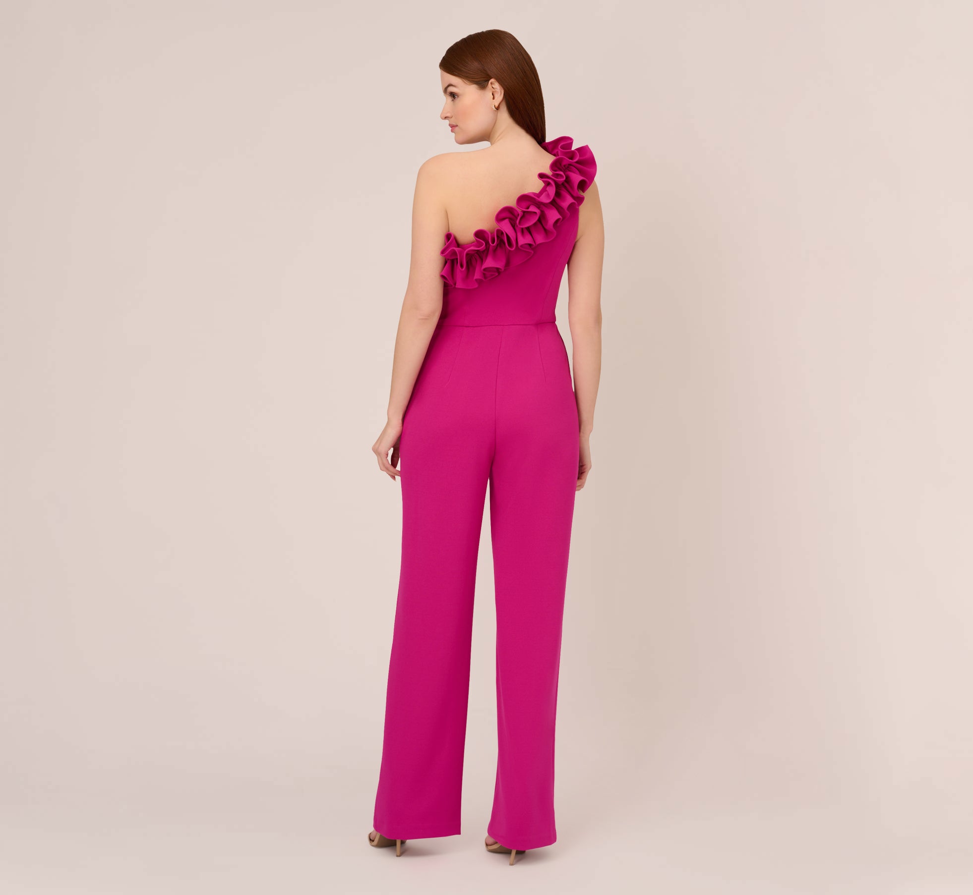 Crepe One-Shoulder Ruffled Wide-Leg Jumpsuit In Brilliant Fuchsia