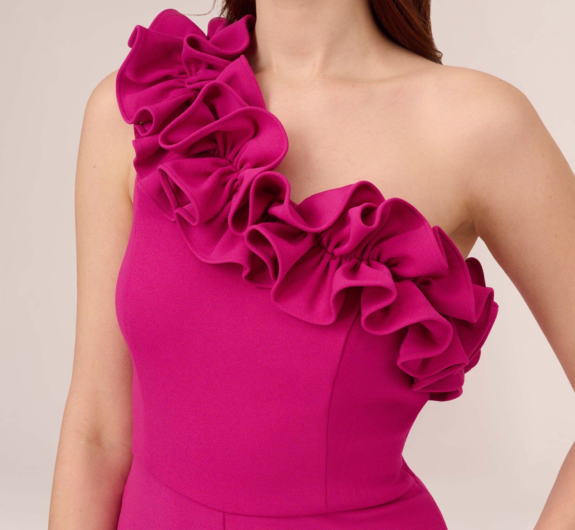 Crepe One-Shoulder Ruffled Wide-Leg Jumpsuit In Brilliant Fuchsia