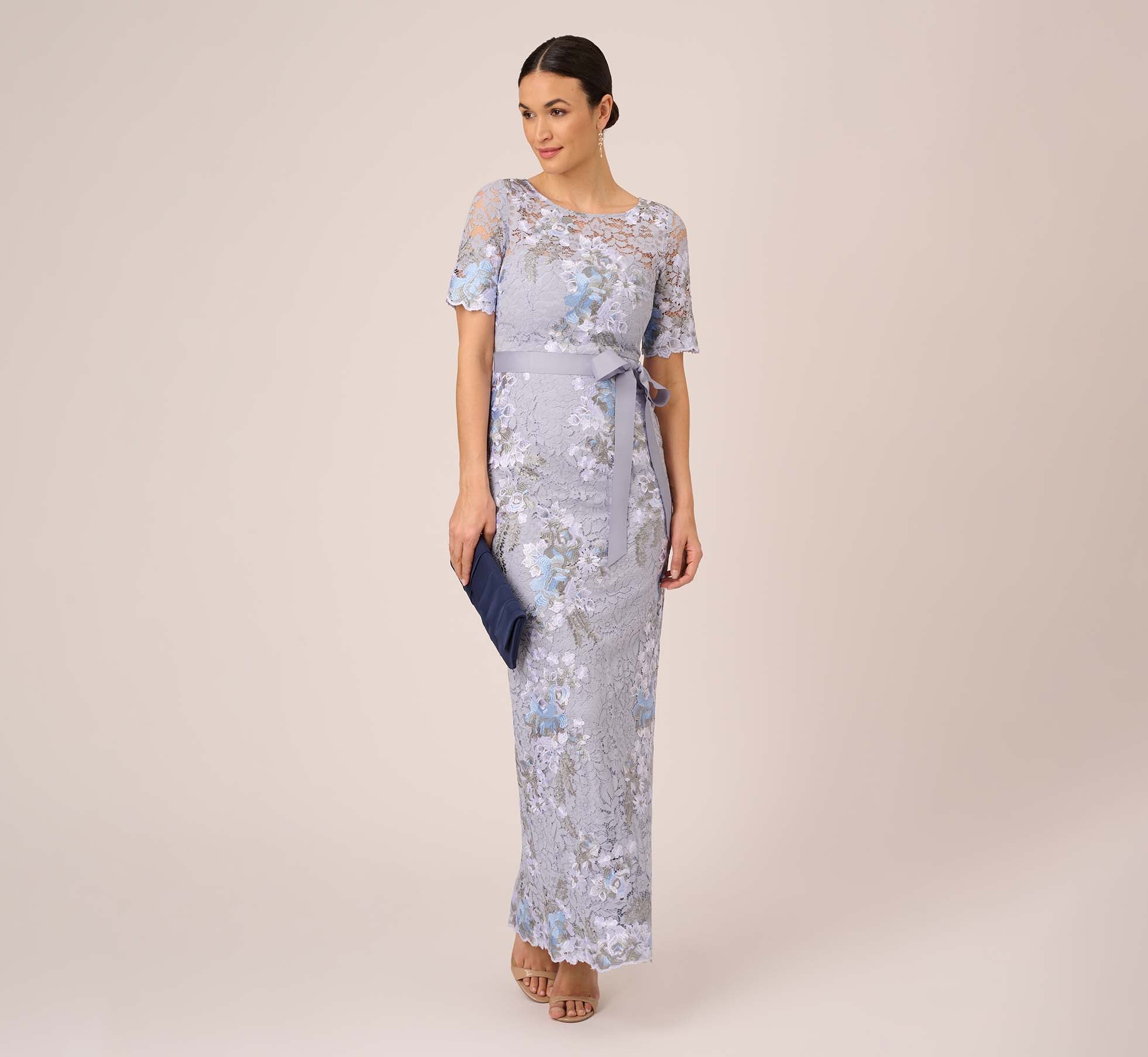 Floral Embroidered Gown In Blue Breeze Adrianna Papell