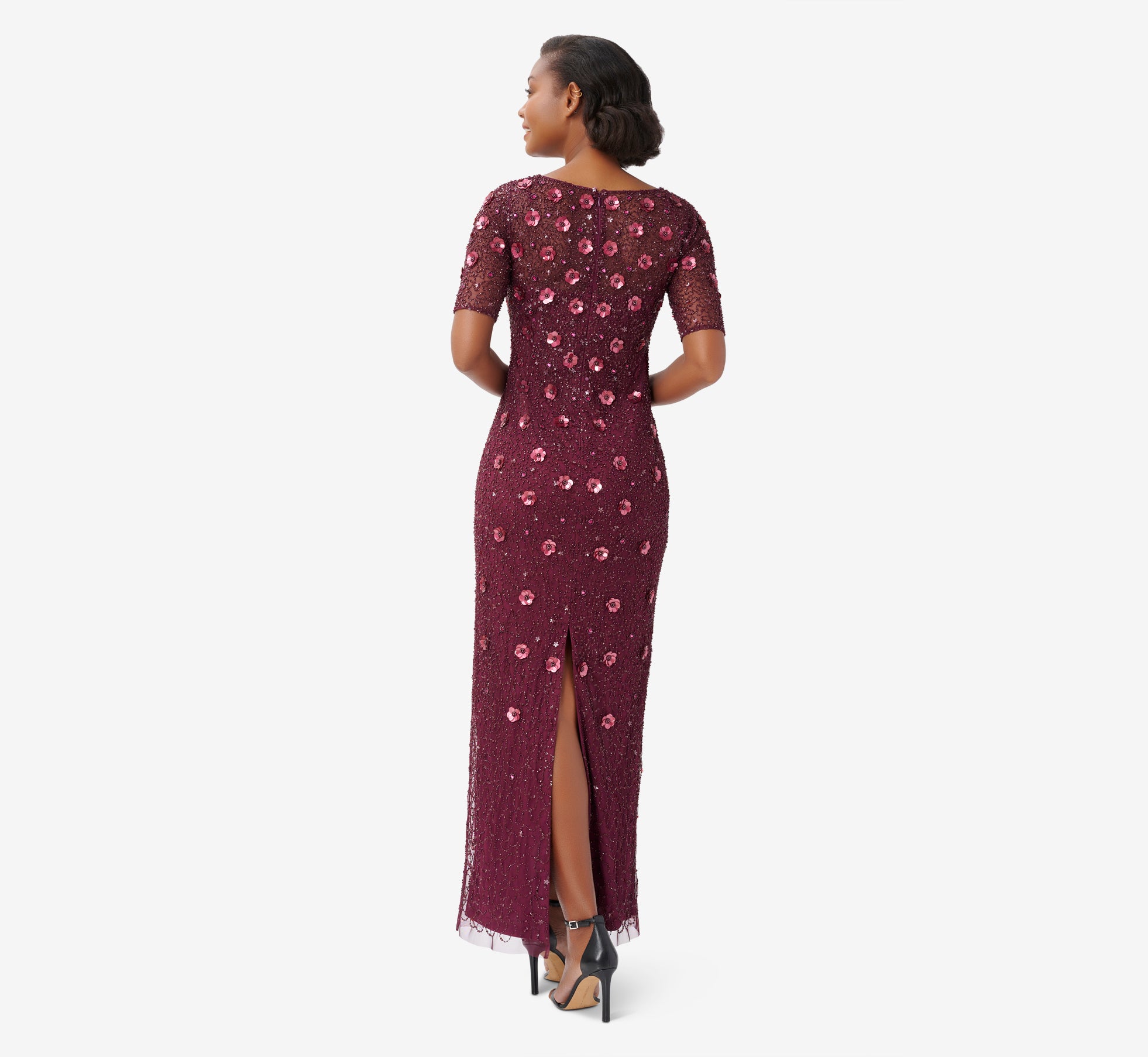 Long Hand Beaded 3D Floral Dress With Elbow Sleeves In Cassis