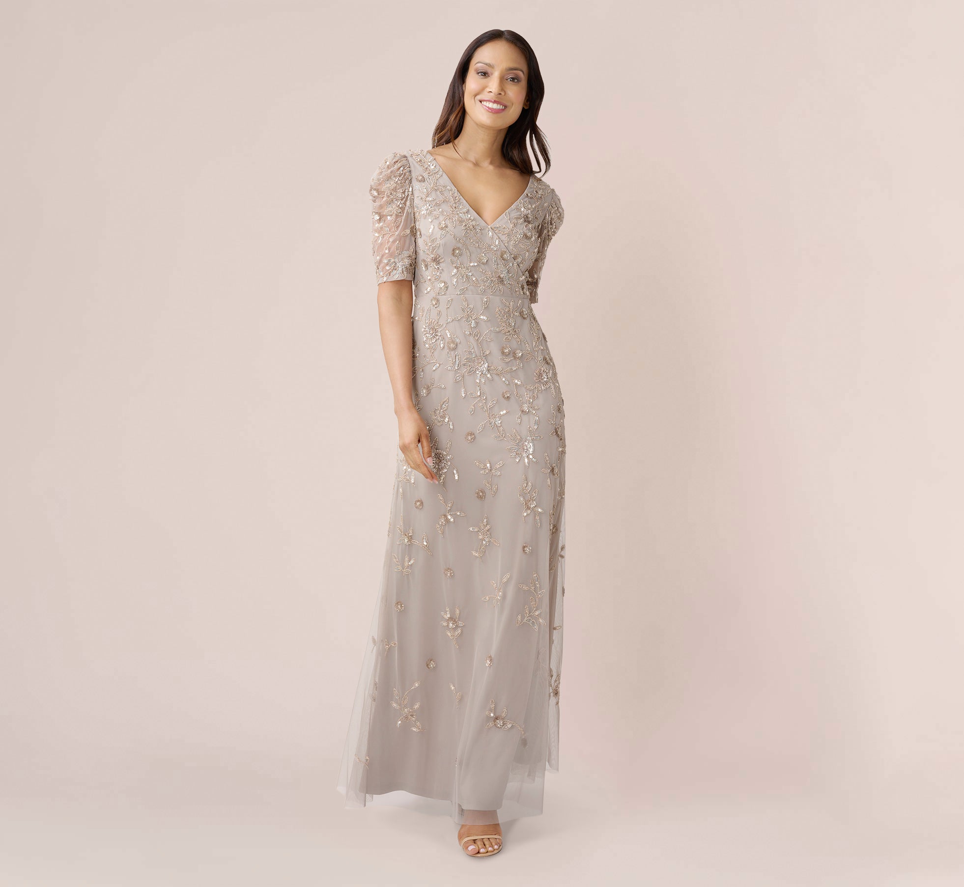 Hand Beaded Long Gown With Elbow Sleeves In Marble Adrianna