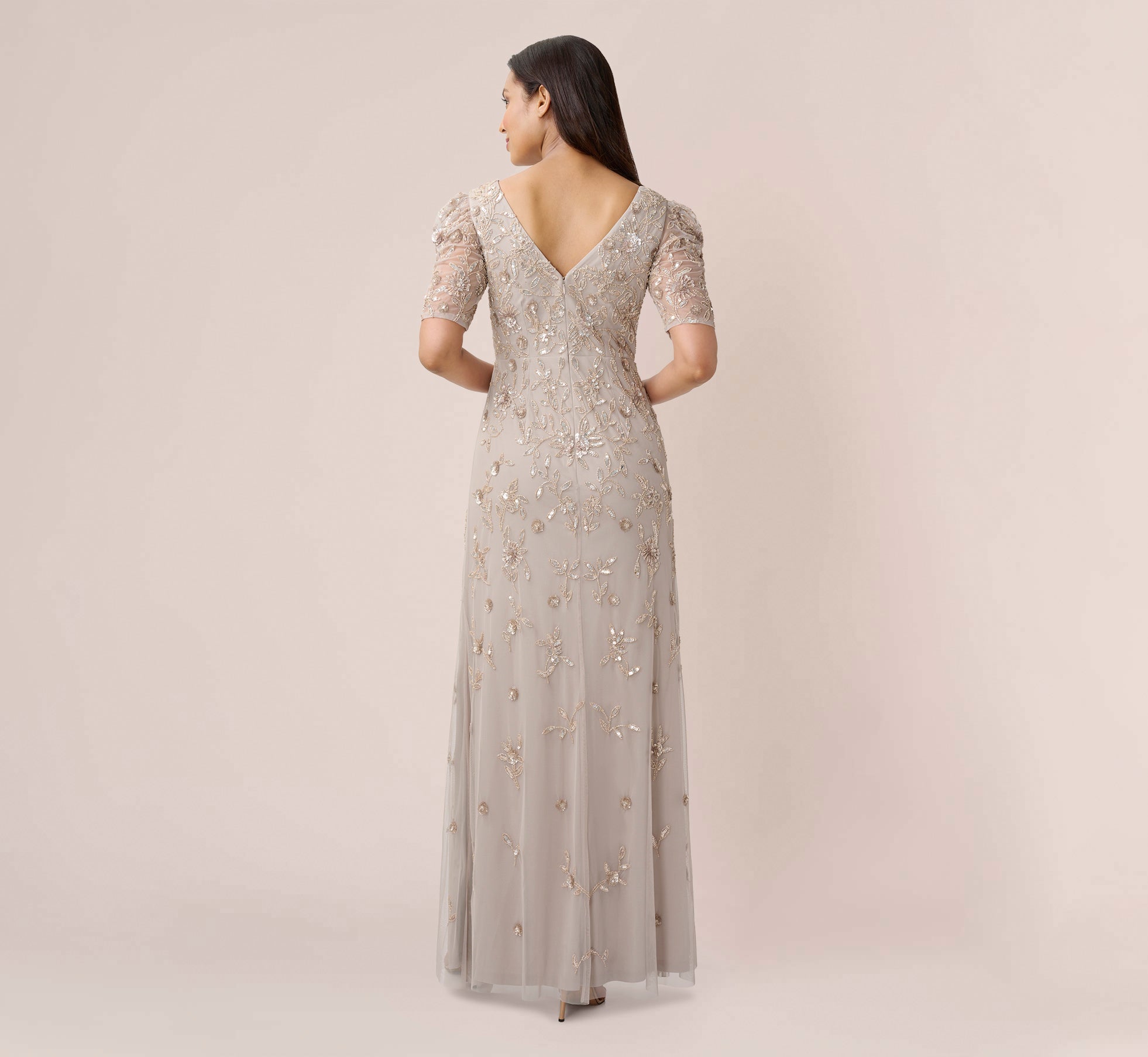 Hand Beaded Long Gown With Elbow Sleeves In Marble Adrianna Papell