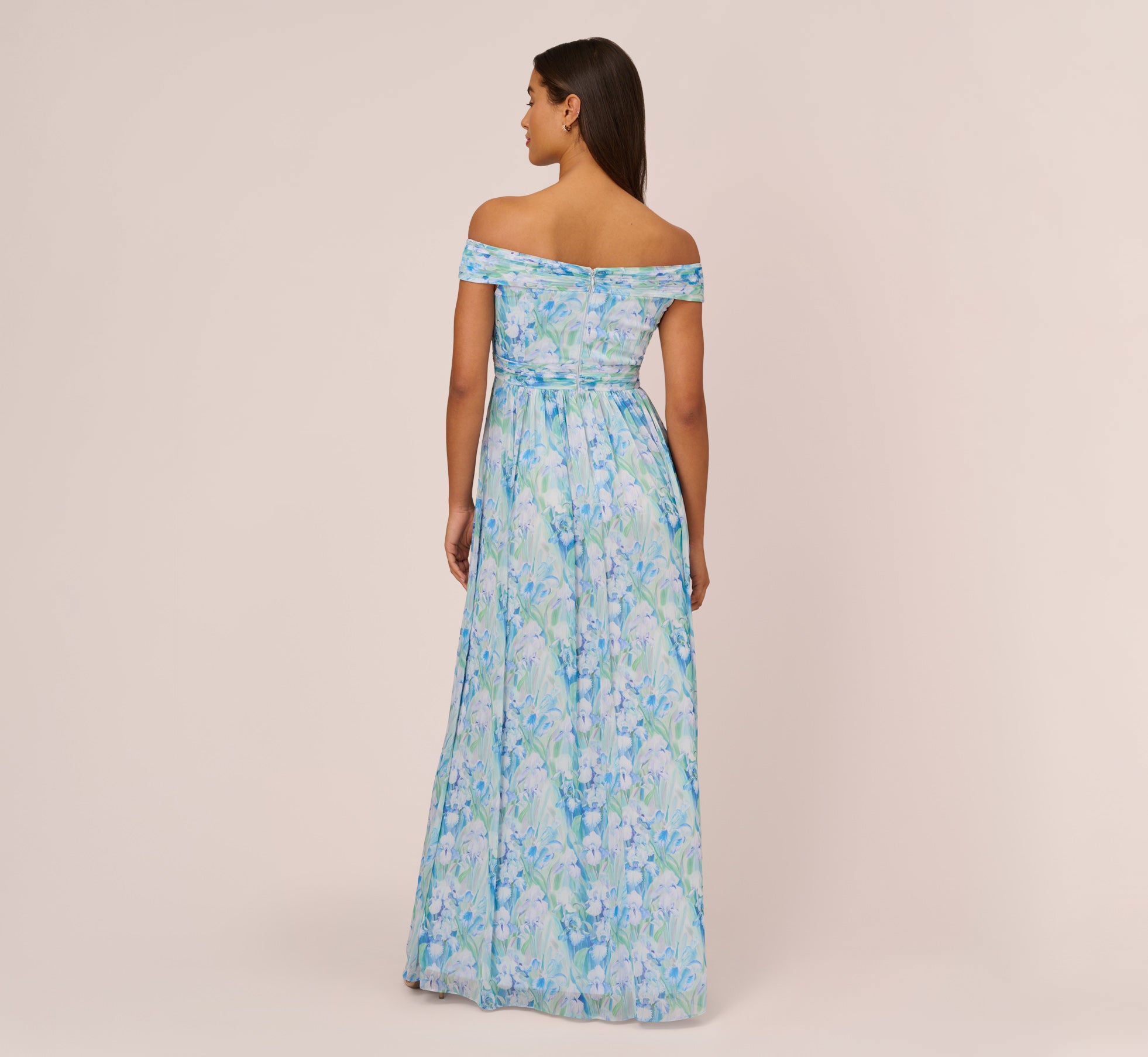 Floral-Print Off-The-Shoulder Chiffon Long Gown In Blue Multi