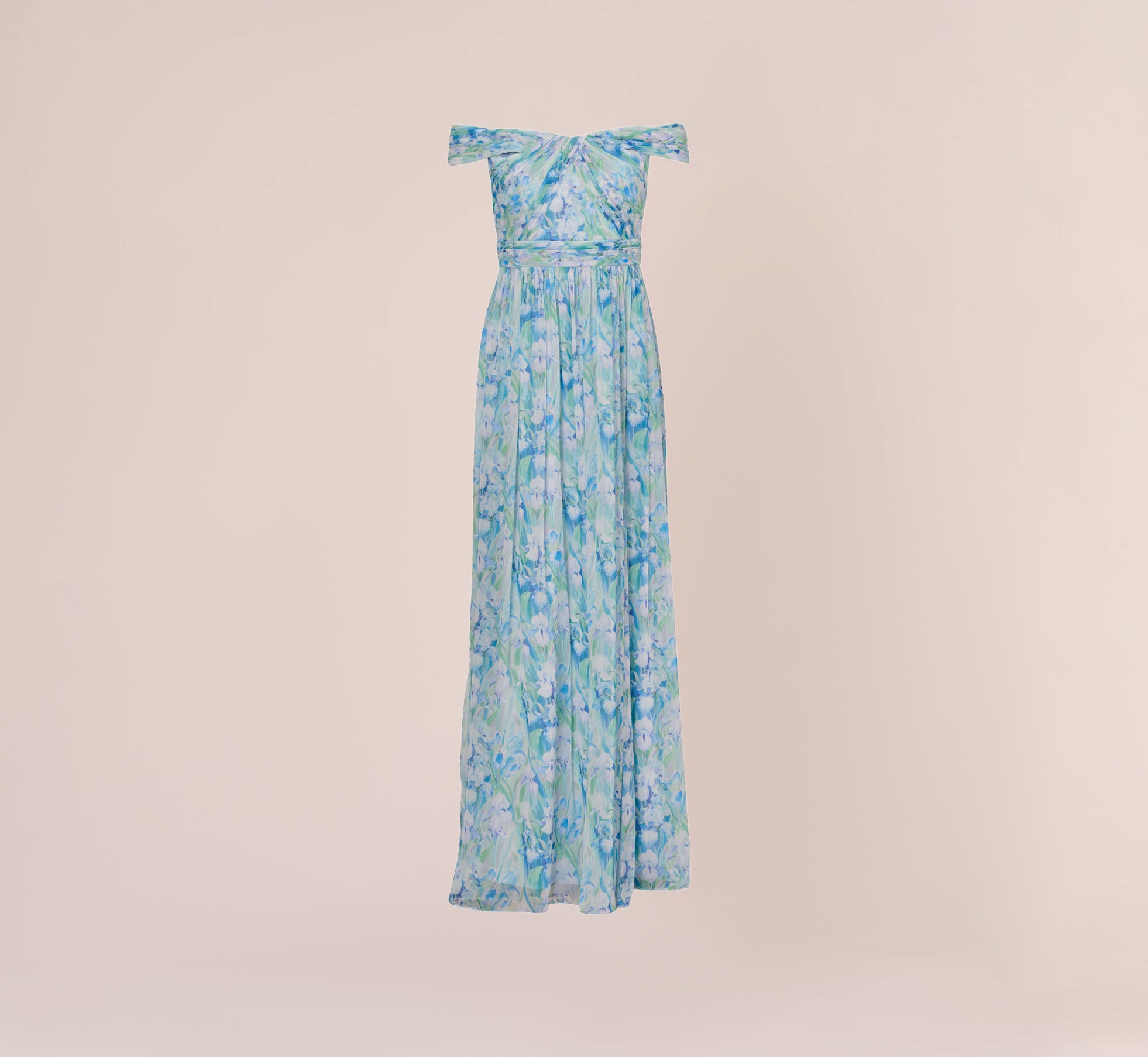 Floral Print Off The Shoulder Chiffon Long Gown In Blue Multi