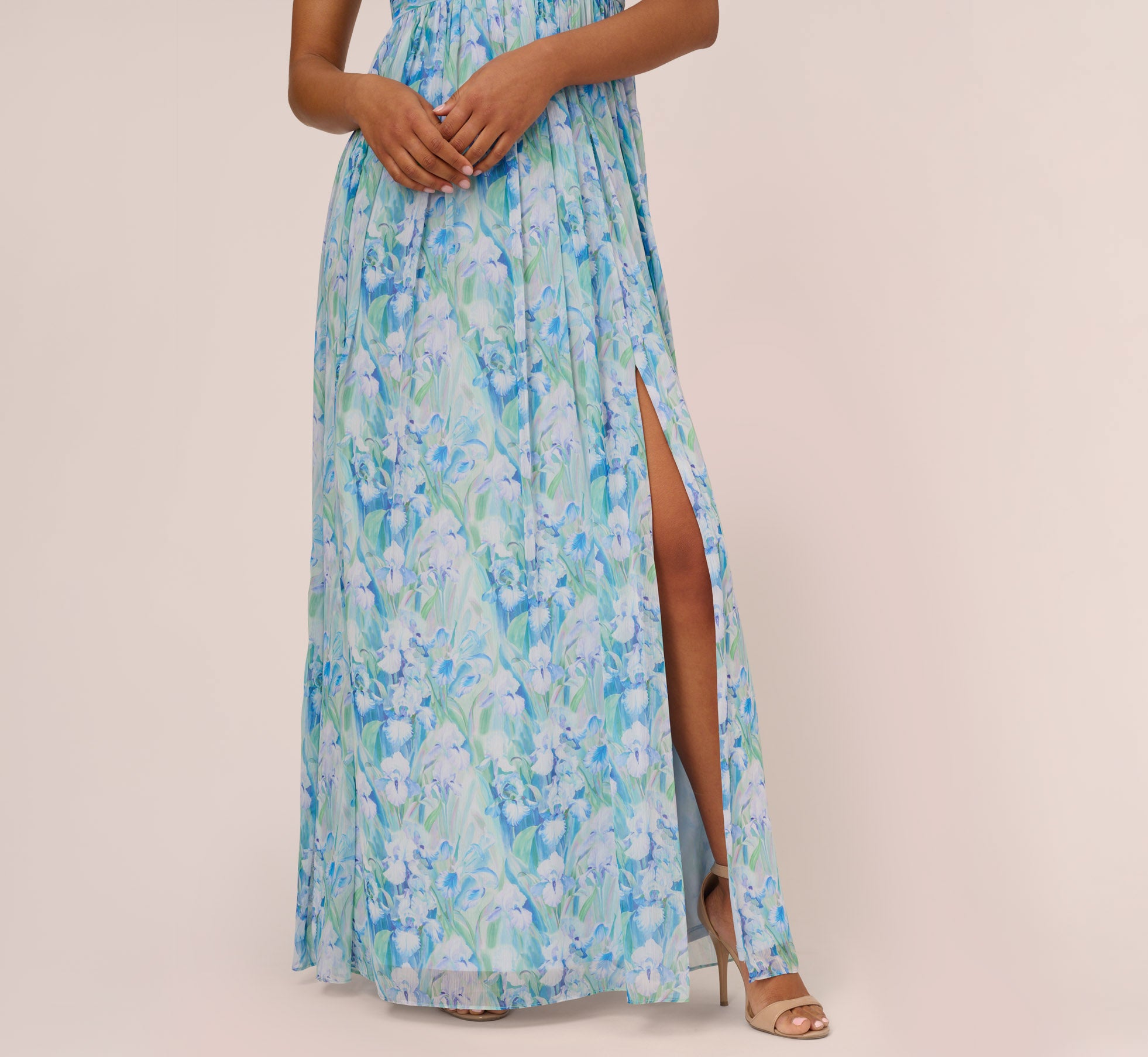 Floral-Print Off-The-Shoulder Chiffon Long Gown In Blue Multi