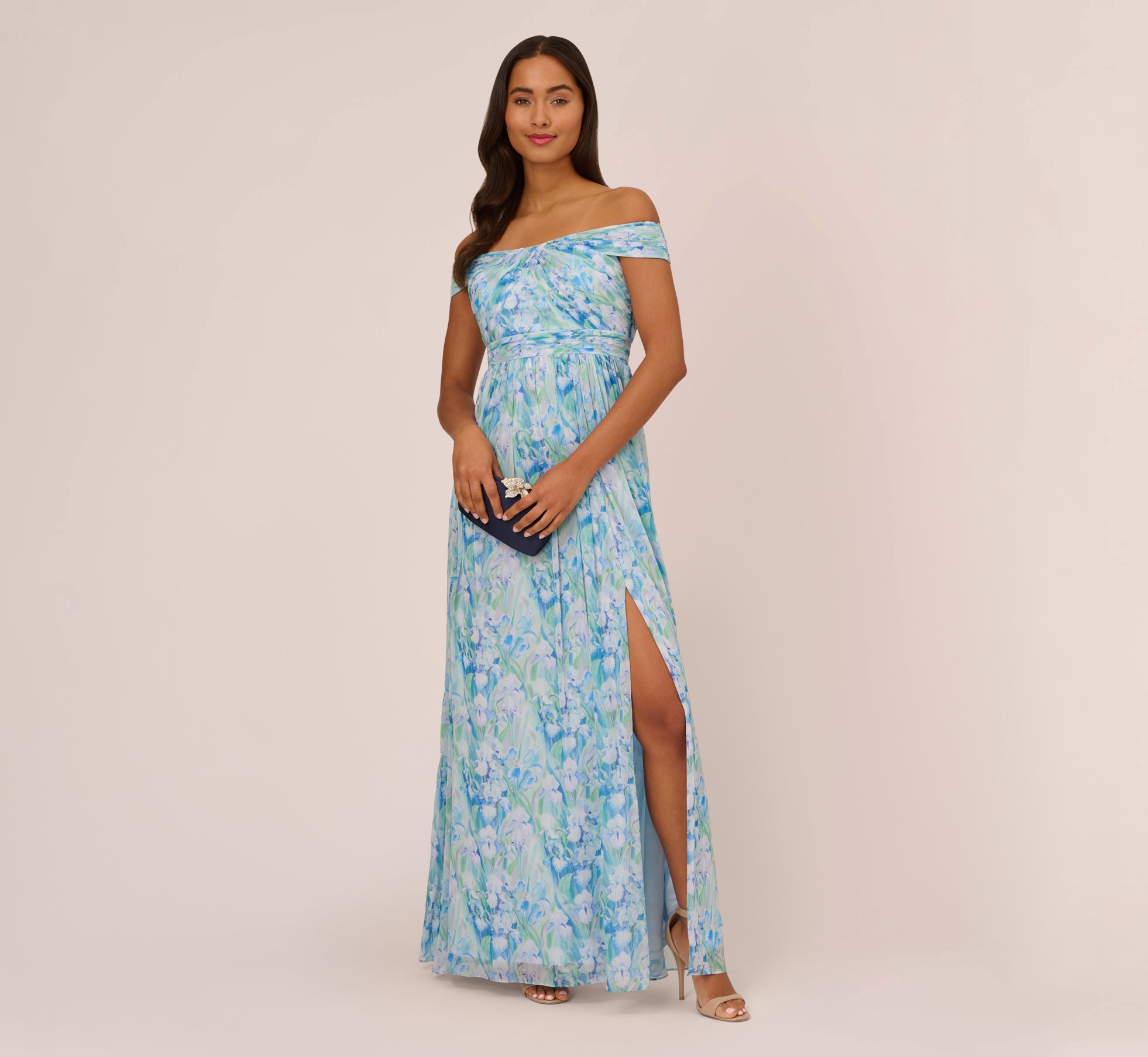 Floral Print Off The Shoulder Chiffon Long Gown In Blue Multi