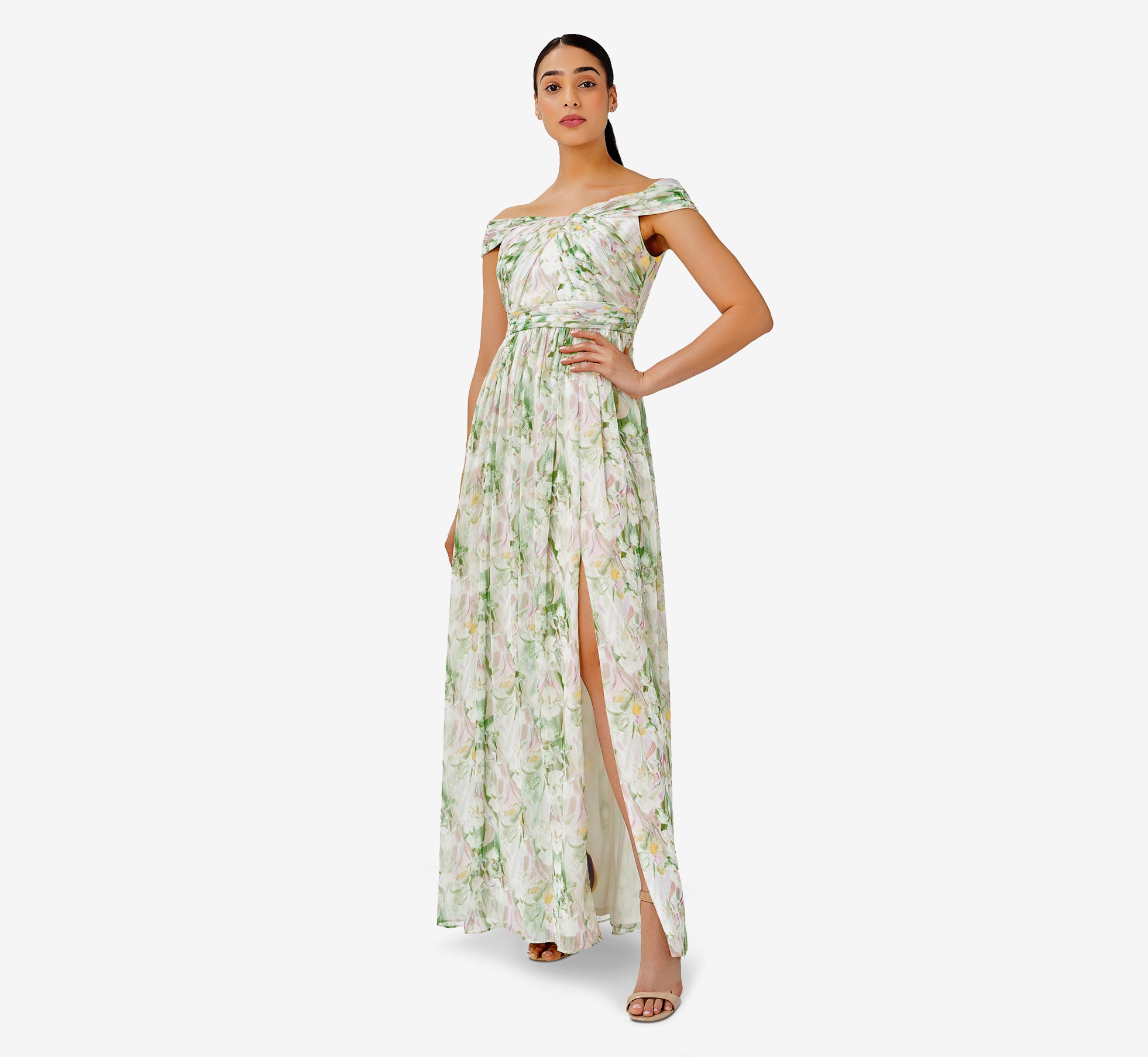 Floral-Print Off-The-Shoulder Chiffon Long Gown In Spring Mint