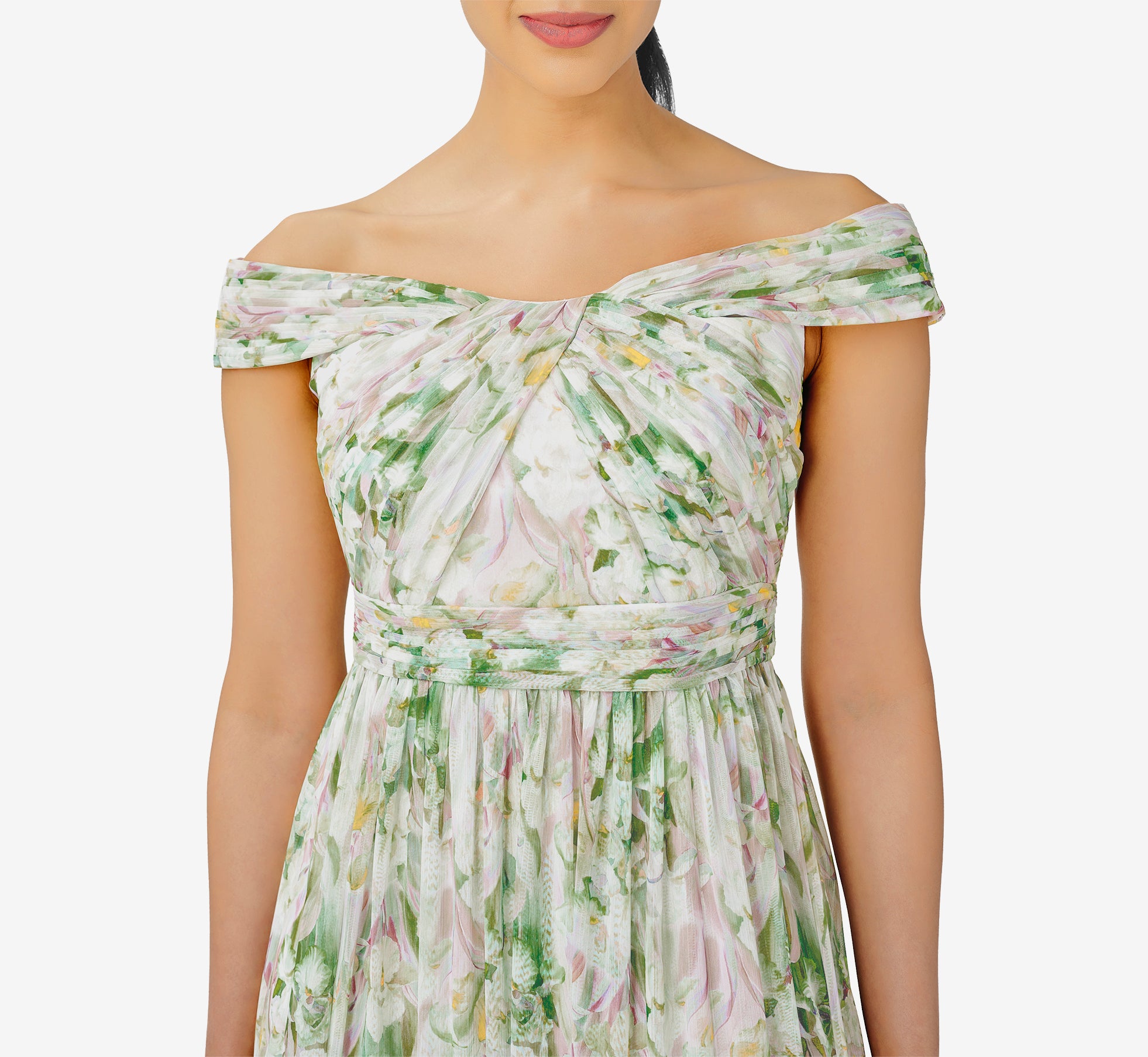 Floral-Print Off-The-Shoulder Chiffon Long Gown In Spring Mint