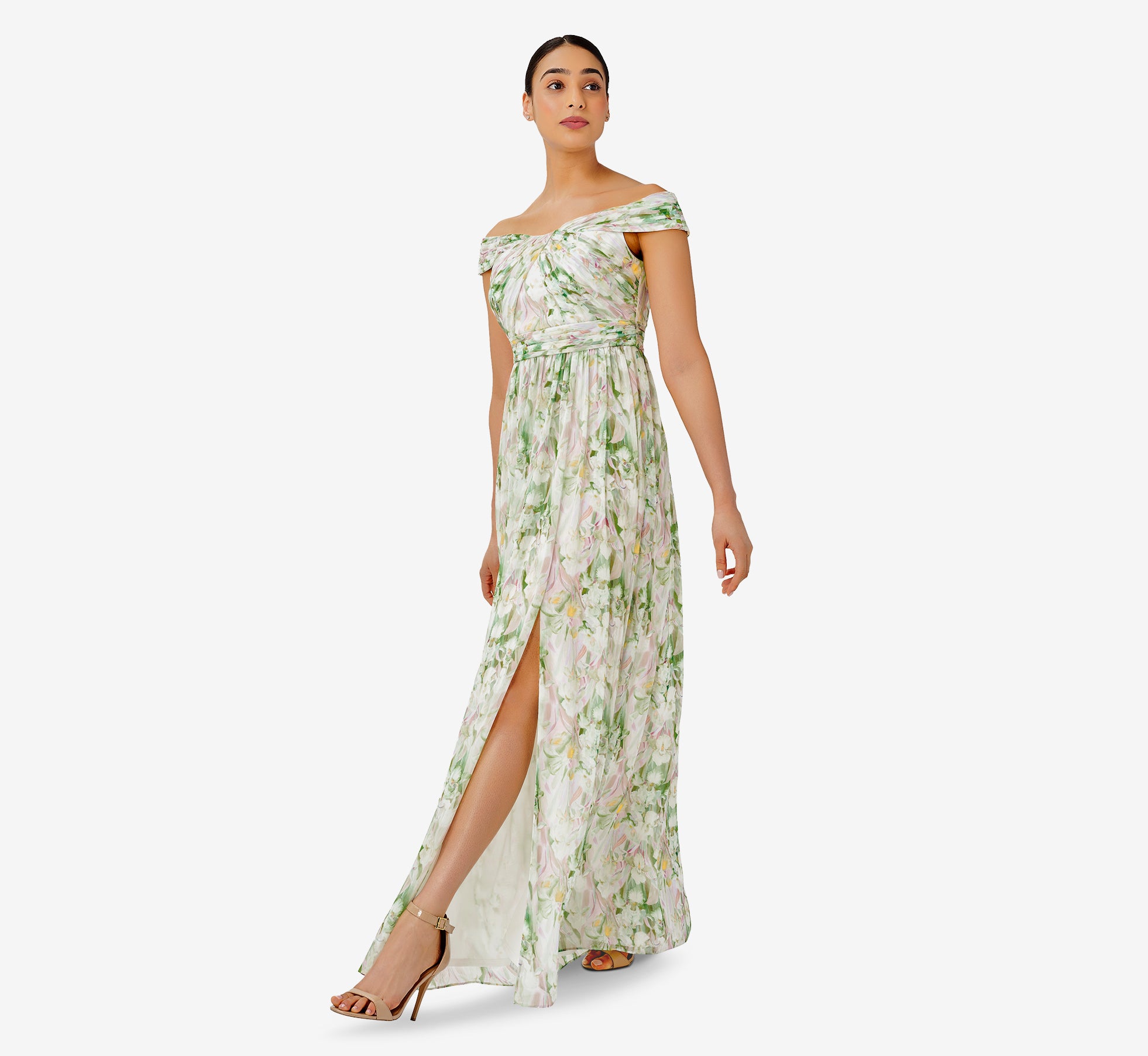 Floral-Print Off-The-Shoulder Chiffon Long Gown In Spring Mint